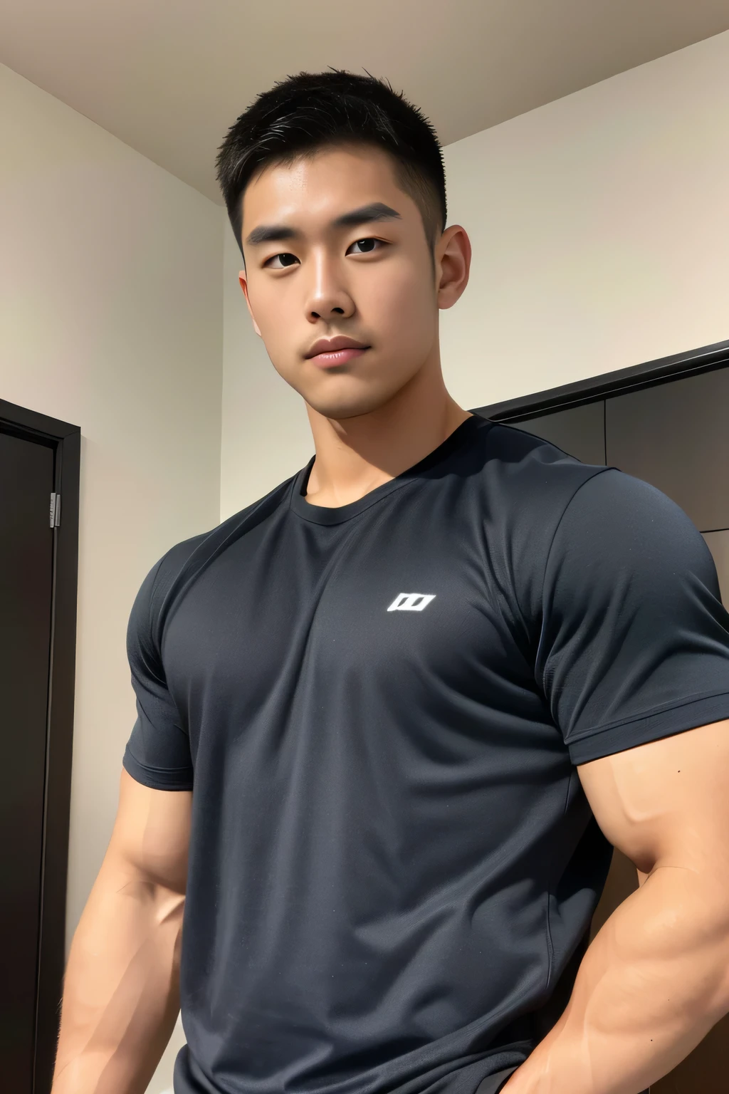 18-year-old male、Japanese、handsome guys、Macho、athlete、plain black clothes、Shaved head