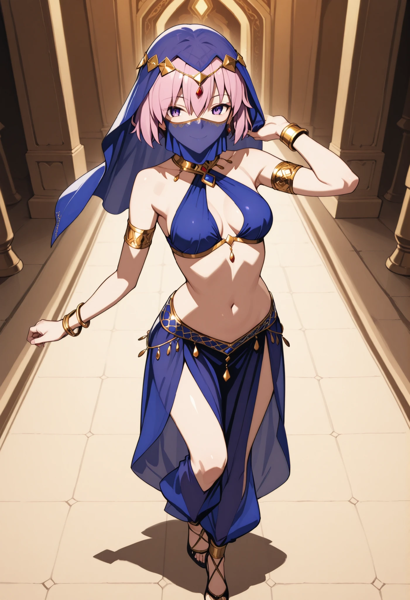 (1girl:1 . 5) , (Seul:1 . 5) , score_9 , score_8_haut , score_7_haut , source_anime , Official work , ultra-detailed , masterpiece , best quality selfie snapshot , high resolution , beaux yeux , detailed eyes , detailed face , beautiful detailed eyes ,Fate,Mash Kyrielight,Arabian Clothes , Arabian Dancer ,belly dancer costume ,full body,golden jewelery,mouth veil,armlet, belly dancing,arabian theater,seductive smile, dancing with veil, dynamic movement,dance posture, pose