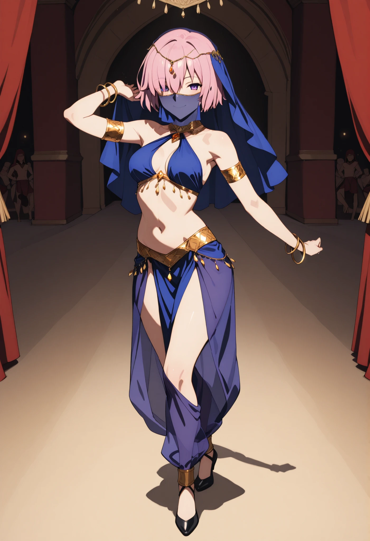 (1girl:1 . 5) , (Seul:1 . 5) , score_9 , score_8_haut , score_7_haut , source_anime , Official work  , ultra-detailed , masterpiece , best quality selfie snapshot , high resolution , beaux yeux , detailed eyes , detailed face , beautiful detailed eyes ,Fate,Mash Kyrielight,Arabian Clothes , Arabian Dancer ,belly dancer costume ,full body,golden jewelery,mouth veil,armlet, belly dancing,arabian theater,seductive smile, dancing with veil, dynamic movement,dance posture, seductive pose