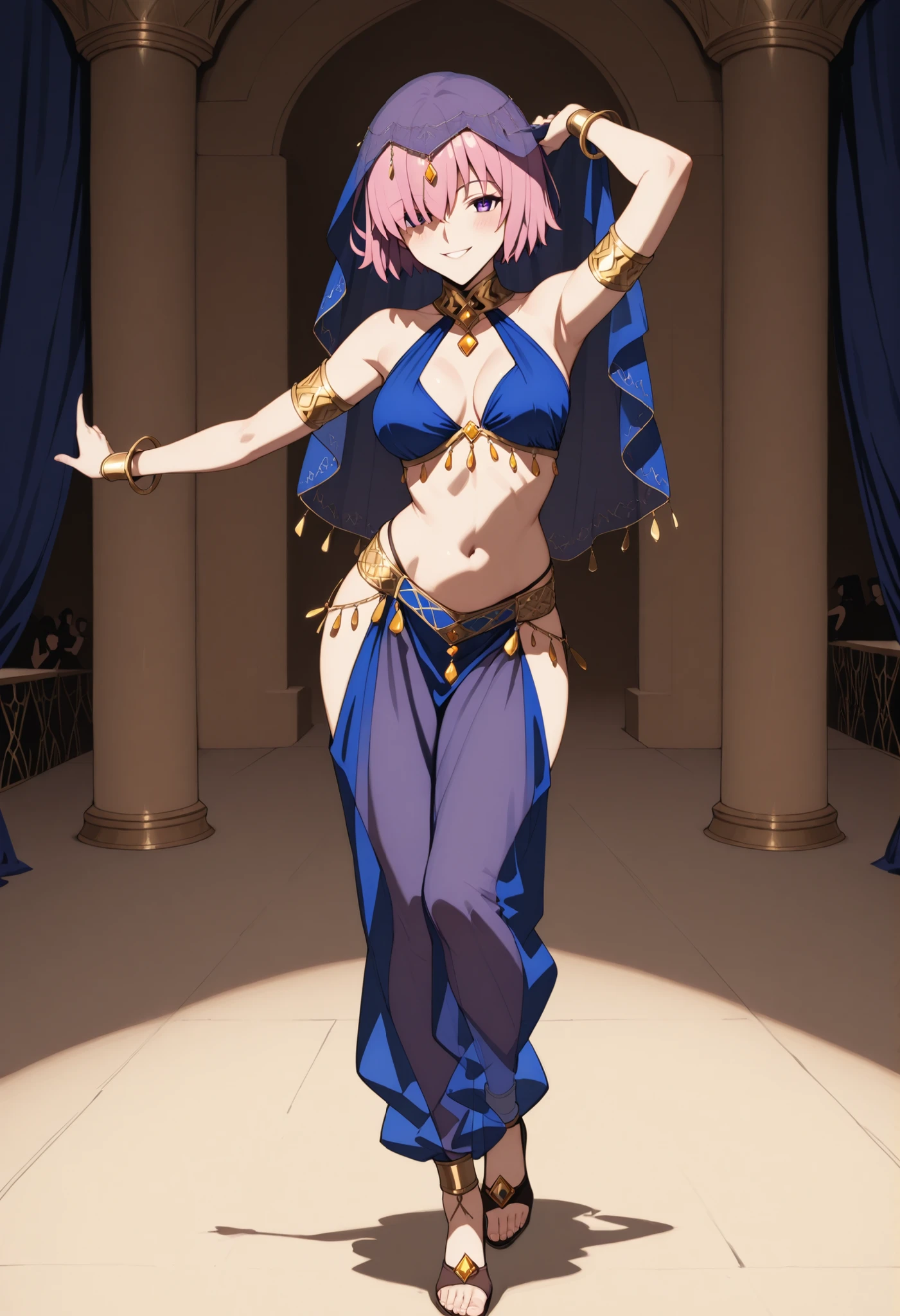 (1girl:1 . 5) , (Seul:1 . 5) , score_9 , score_8_haut , score_7_haut , source_anime , Official work , ultra-detailed , masterpiece , best quality selfie snapshot , high resolution , beaux yeux , detailed eyes , detailed face , beautiful detailed eyes ,Fate,Mash Kyrielight,Arabian Clothes , Arabian Dancer ,belly dancer costume ,full body,golden jewelery,armlet, belly dancing,arabian theater,seductive smile, dancing with veil, dynamic movement,dance posture, pose