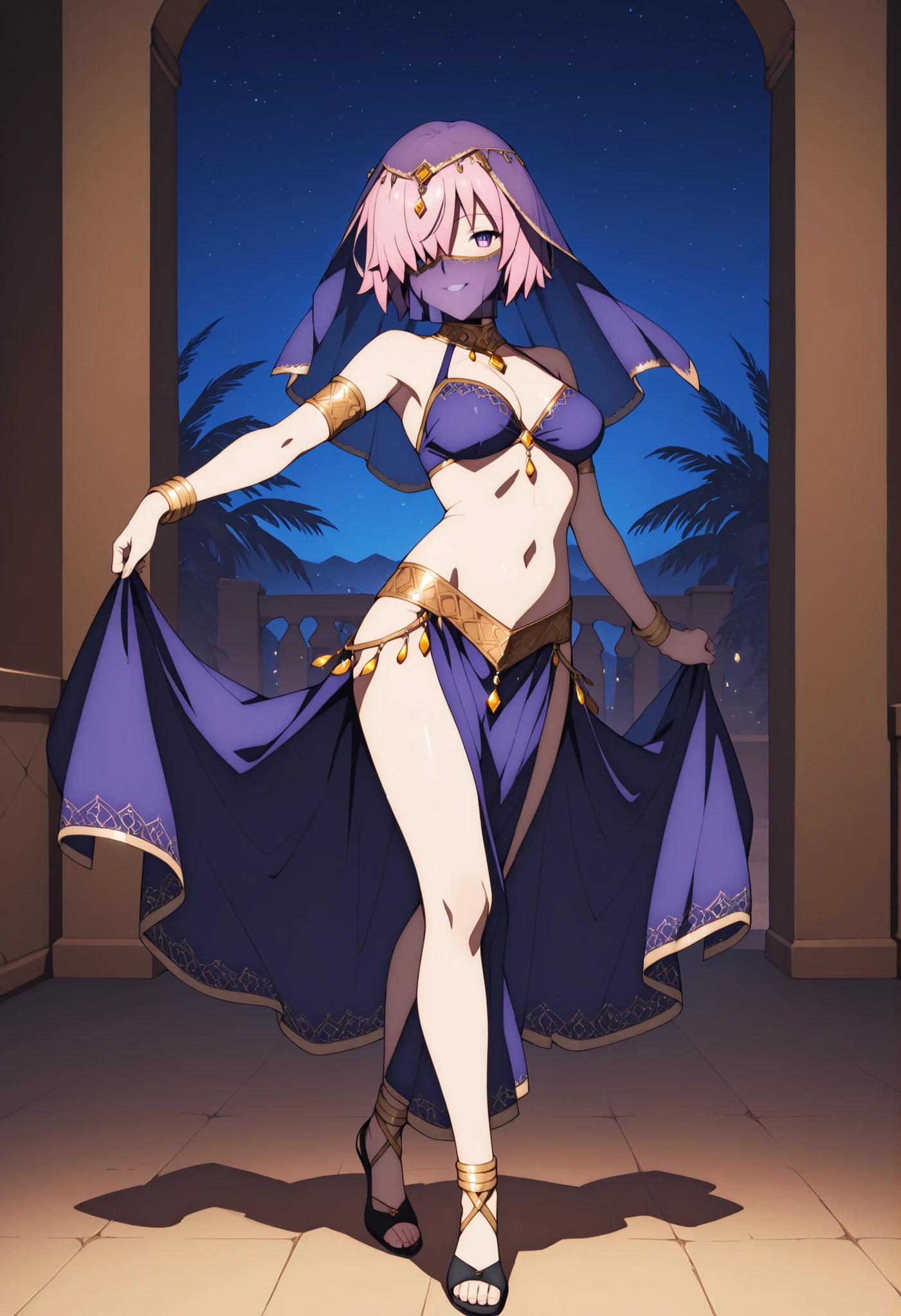 (1girl:1 . 5) , (Seul:1 . 5) , score_9 , score_8_haut , score_7_haut , source_anime , Official work , ultra-detailed , masterpiece , best quality selfie snapshot , high resolution , beaux yeux , detailed eyes , detailed face , beautiful detailed eyes ,Fate,Mash Kyrielight,Arabian Clothes , Arabian Dancer ,belly dancer costume ,full body,golden jewelery,mouth veil,armlet, belly dancing,night,arabian garden,seductive smile, dancing with veil, dynamic movement,dance posture, seductive pose