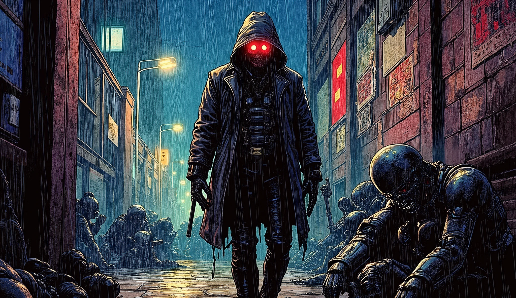 A cyberpunk bounty hunter with a long leather coat and glowing visor walking through a rainy neon-lit alley, posters peeling off the walls, robotic beggars in the background. 80s/90s comic book illustration style, dramatic shading, dynamic close perspective.