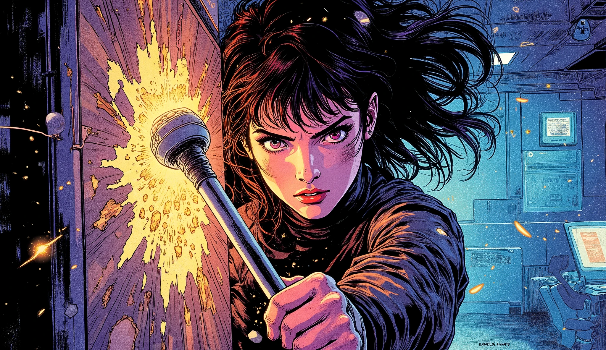 A female rebel breaking into a futuristic control room, smashing a glowing screen with a crowbar while sparks and broken holograms scatter. 80s/90s comic book art style, detailed facial expression, intense energy, neon highlights