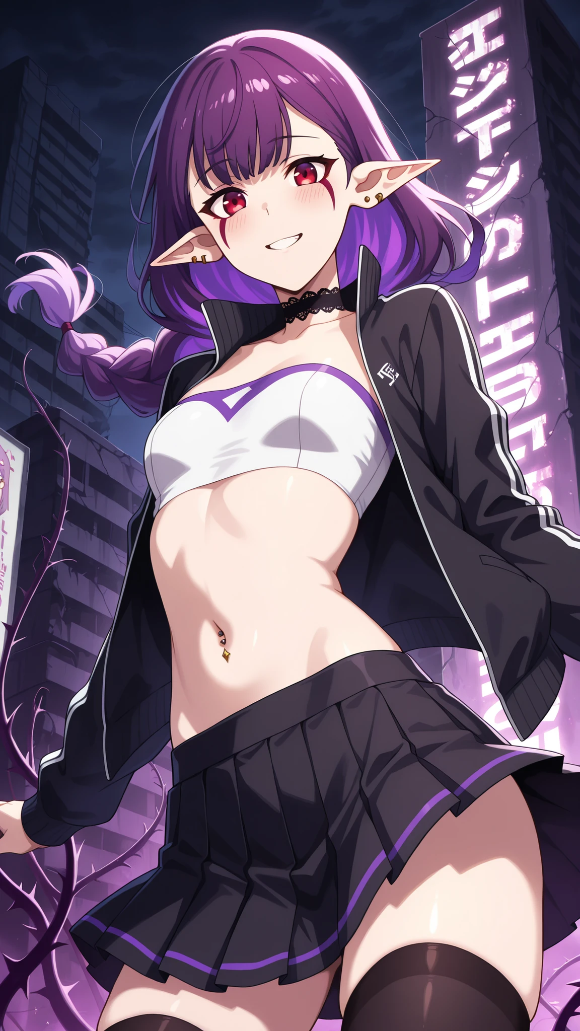 BREAK (masterpiece:1.2), best quality, high resolution, unity 8k wallpaper, (illustration:0.8), (beautiful detailed eyes:1.6),Abandoned highway swallowed by giant flowers,
plants glowing in ultraviolet tones,
billboards covered in vines but still pulsing faintly,
concrete cracked open by roots with neon veins,
a blend of nature and neon decay, no people,blush, seductive expression,single braid, long hair, purple hair, red eyes, facial mark, pointy ears,jewelry,earrings,lace choker,black choker,short top,navel,navel piercing,white top,strapless top,sport team jacket,open jacket,black jacket,pleated skirt,black skirt,black thighhighs socks,сowboy shot,looking at viewer,floaiting skirt,floating hair,smile,excited face,from below,arched back,