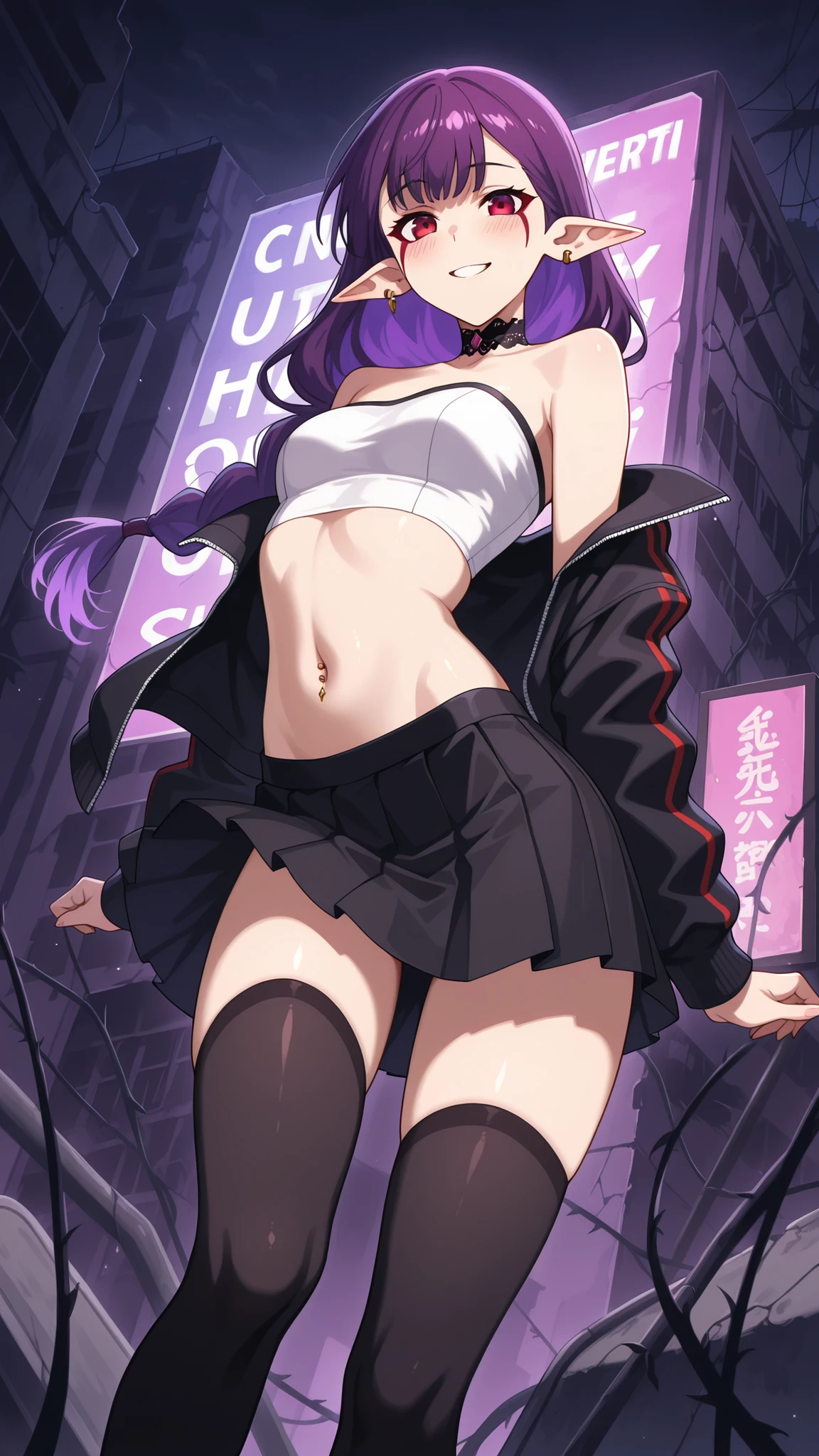 BREAK (masterpiece:1.2), best quality, high resolution, unity 8k wallpaper, (illustration:0.8), (beautiful detailed eyes:1.6),Abandoned highway swallowed by giant flowers,
plants glowing in ultraviolet tones,
billboards covered in vines but still pulsing faintly,
concrete cracked open by roots with neon veins,
a blend of nature and neon decay, no people,blush, seductive expression,single braid, long hair, purple hair, red eyes, facial mark, pointy ears,jewelry,earrings,lace choker,black choker,short top,navel,navel piercing,white top,strapless top,sport team jacket,open jacket,black jacket,pleated skirt,black skirt,black thighhighs socks,сowboy shot,looking at viewer,floaiting skirt,floating hair,smile,excited face,from below,arched back,from behind,back photo