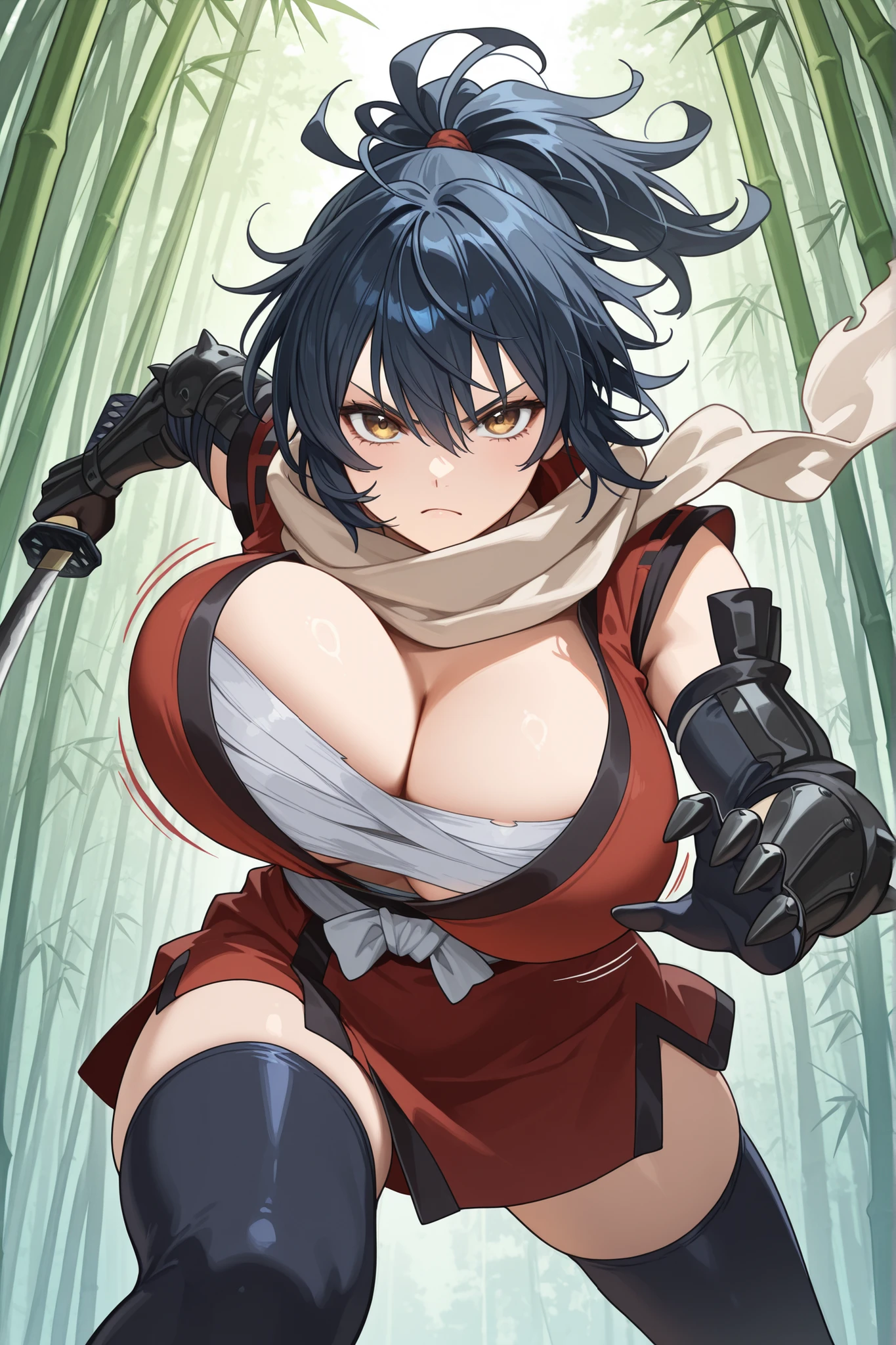 Watercolor painting,Perfect hand,masterpiece, best quality,very aesthetic,BREAK,(solo)(manyuu_chifusa, red_kimono, white_belt, white_scarf, black_obi, cleavage, black_gauntlets, black_thighhighs, sarashi,black_trim)(holding katana, attacking viewer, angry expression, serious expression, dynamic pose, motion lines, movement blur, bouncing breasts), (large chest), BREAK, (forest, bamboo)(cinematic lighting)