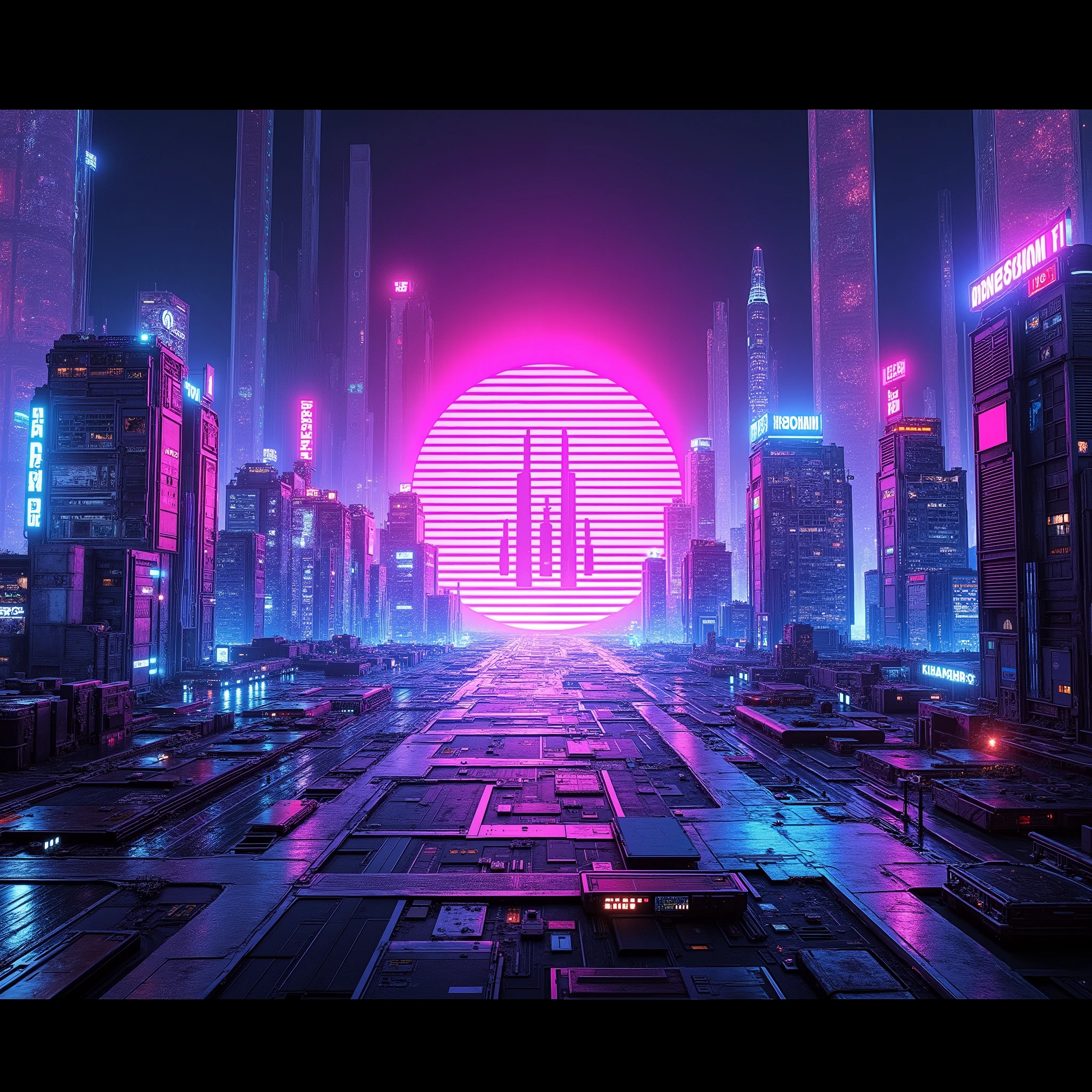 A wide cinematic cyberpunk cityscape in the style of 80s/90s comic books, filled with neon lights, holograms, and futuristic skyscrapers. In the center, a glowing logo with glitch effects and soundwave-inspired patterns. Colors: neon pink, cyan, purple, and electric blue. Dynamic, atmospheric, and immersive, perfect for YouTube channel art. Ultrarealistic. 4K.