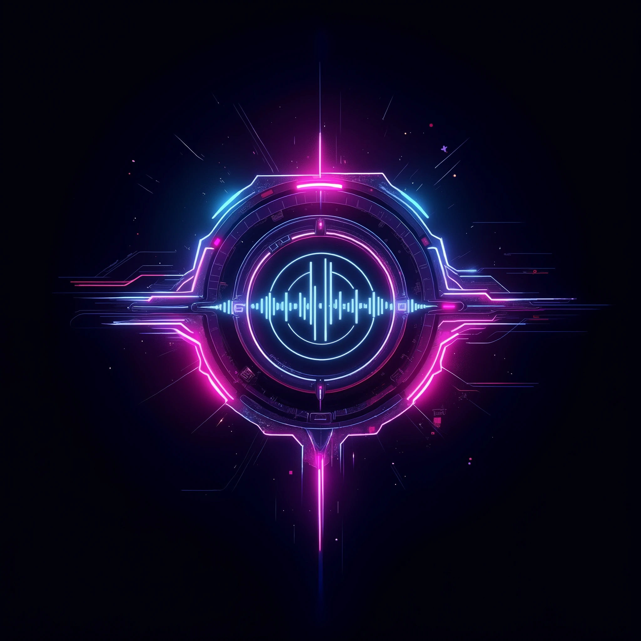 A futuristic cyberpunk logo inspired by 80s/90s sci-fi comics, featuring neon lights, glitch effects, and sharp geometric shapes. Central emblem with a bold, minimal symbol representing sound waves and technology. Dark background with glowing neon pink, cyan, and electric purple accents. Ultrarealistic. 4K.