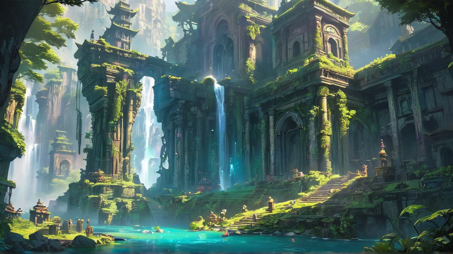 best quality,4k,8k,highres,masterpiece:1.2),ultra-detailed, (large masterpiece digital art), (detailed manga illustration), (detailed line art), cinematic lighting, (intricate details:1.3), (ultra-detailed:1.3), (illustration:1.3), (sharp focus:1.3), (natural lighting:1.05), (vivid colors:1.3), (masterpiece), (best quality:1.4), dynamic lighting, high quality, The Mystic Ravine of Longing is Azus' infernal realm, a  yet perilous pocket of hell designed to ensnare the souls of the . It is a labyrinthine domain where desire and despair intertwine, creating a landscape that is both captivating and treacherous. The Ravine itself is an expansive, winding chasm with steep, jagged cliffs that seem to stretch infinitely into the crimson-hued sky. The air is thick with a heady mixture of exotic fragrances, and a perpetual twilight bathes the entire realm in an alluring glow. At the base of the cliffs, a river of molten gold flows sluggishly, its shimmering surface reflecting the shadows of the  and the echoes of their sighs. The Ravine is dotted with strange, bioluminescent flora that emit a soft, inviting light. These plants are as dangerous as they are beautiful, secreting intoxicating nectars that can overwhelm the senses of any who come too close. At the center of the Ravine lies Azus' palace, the Shadowheart Court. This majestic structure is partially within the Shadowside Dimension, giving it an otherworldly appearance. The palace is built from black marble veined with silver, its towering spires piercing the sky. Enchanted windows reflect not the outside world, but the deepest desires of those who gaze into them. The very air in the Ravine is charged with an energy that heightens emotions and desires. Whispers of past lovers and lost souls echo through the corridors, and an omnipresent, hauntingly beautiful melody plays from an unseen source, luring wanderers deeper into the Ravine.