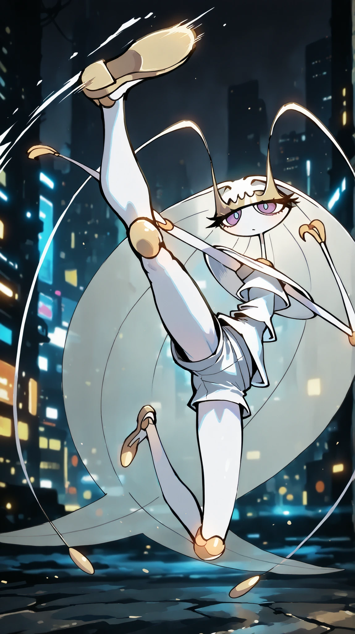 Pheromosa from Pokemon, White Body,Thin Waist, Very Thin Waist, Wasp Waist, Solo,vibrant colors, cel shading, Simplistic Art Style, solo,((jumping knee kick:1.3)),side view,(action:1.3),(acrobat:1.3),{cyberpunk background}