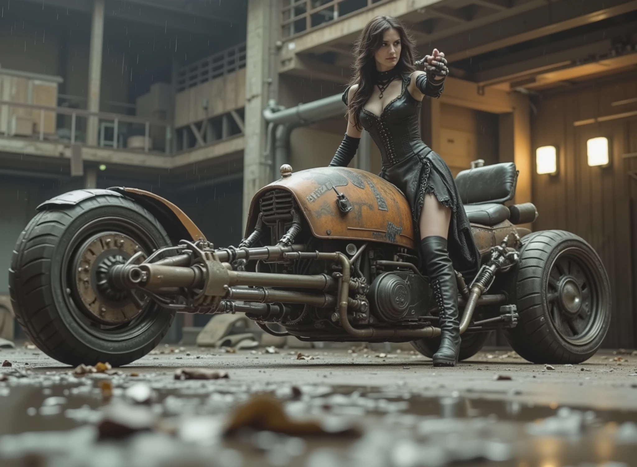 The image shows a desolate stage with a Renegade Princess, and taking the handlebars to adapt to the speed on a uniquely designed motorcycle that embodies a steampunk or post-apocalyptic aesthetic. The motorcycle is sturdy, has only 2 sturdy all-terrain wheels, with a mix of exposed mechanical components, are evident such as large barrels and intricate pipes, with a worn palette of rusty colors and graffiti that hint at its robust durability. the renegade princess, dressed in a striking black gothic dress with corset, straps and chains as well as punk jewelry and industrial calf-length boots, radiates confidence with her miniskirt. Her outfit suggests a rebellious and daring style wearing lots of punk silver jewelry and showing off her Aztec tattoos, to complement the intense environment. The dark, desolate and deserted industrial background, which contrasts with the elegance of the motorcycle. The ground is wet, possibly due to the recent rain, that reflects light weight and that contributes to changing environment of the scene. Elements of dirt and decay are evident, but the composition retains a sense of dynamic action and adventure.