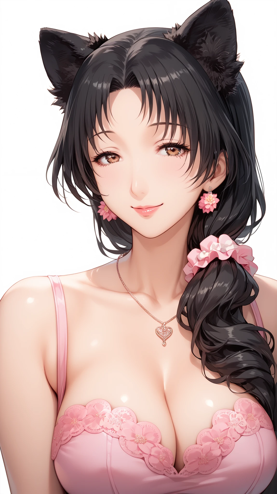solo,  miyuri, black hair, brown eyes, hair over shoulder, floral scrunchie, mature female,necklace, large breasts, sexy,  score_9, score_8_up, score_7_up, source_anime,(extremely detailed CG), (best quality) , perfect proportions,  sexy, light smile, grbst, animal ears, a woman in a pink outfit posing for a picture , wearing dgrbst, (pure white background:1.4), looking at viewer,