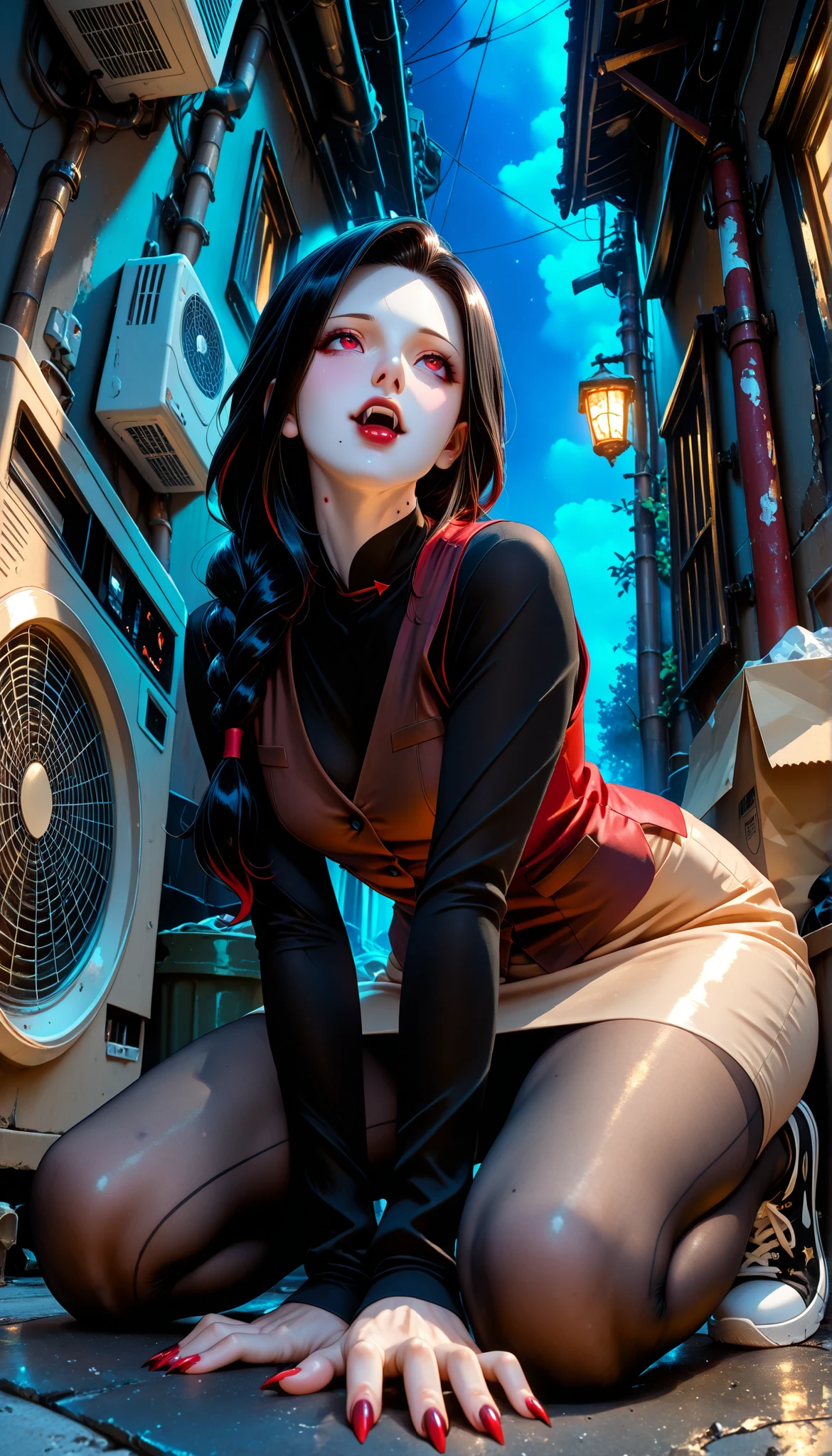 Very High resolution,cute anime-style,masterpiece,best quality,amazing quality,hyper-detailed,very aesthetic,from below,solo,Night,An alleyway between buildings,An air conditioner unit,A trash can,An empty cardboard box,The mother vampire sitting with her legs crossed,kneeling,hands on floor,(Mature:1.4),Black hair,Her hair is braided on one side,(white skin:1.3),Red eyes,A mole near her lip,(Vampire fangs protruding from between her lips:1.3),Dark red lipstick,Her mouth is agape,Stunned,Looking up at the sky,A Large vampire's bite mark on the nape of her neck,A brown short-sleeved vest,A white undershirt,(Long and pointed nails:1.2),Red nail polish,A beige knee-length skirt,Tights,Sneakers,Small breasts
