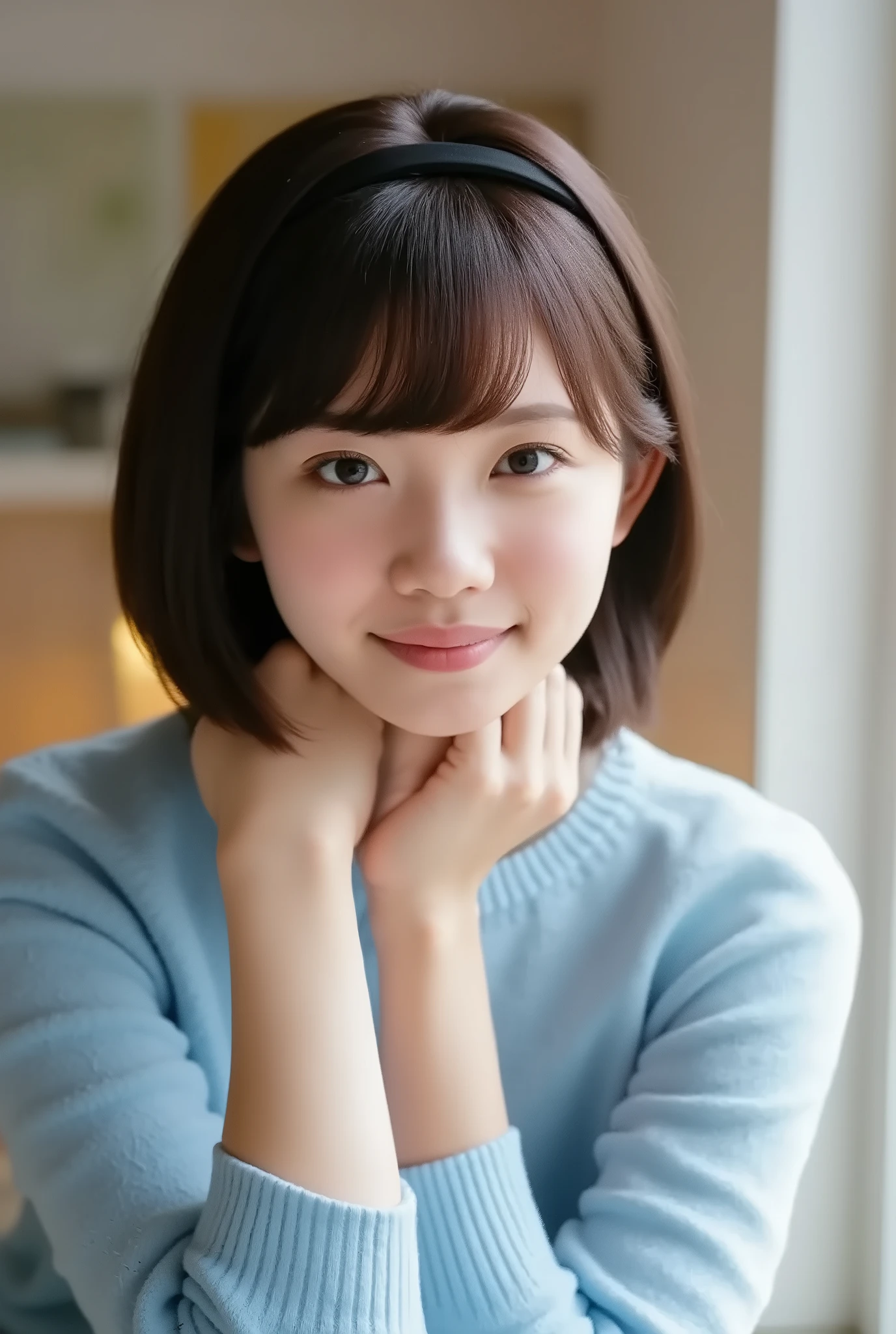short bob hair bangs, blue sweater, hairband, black hair, realistic, indoors, simple background, face focus, (upper body:1.1), morning light, from under 