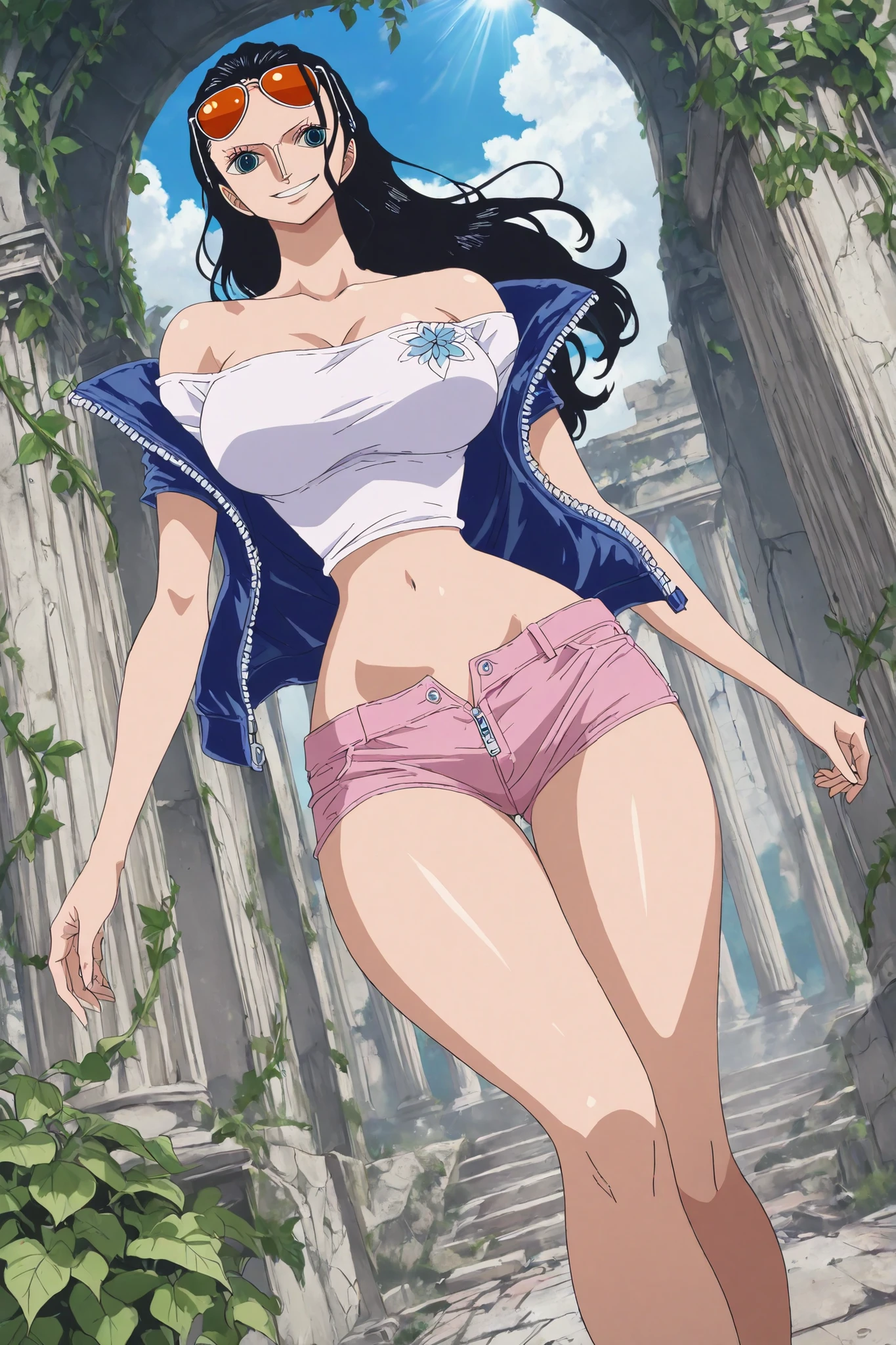 Completed_120%,completed_130%, completed_150%,Score_9_up, score_8_up,score_7_up, Highest Quality,masterpiece,8k wallpaper,dynamic angle,Vine Plants,walter,Ancient Ruins,Optical Light,Bright Daylight,front view,high resolution,Super Detailed,(One Young Beautiful Girl,One person:1.1),shiny smile,Long Black Hair,Nico Robin,large Breasts,( Wear Glasses on Your Head :1.3),high nose,Bare belly button ,sunglasses,Bare legs, thick thighs,collarbone,bare shoulders,zipper,crop top,blue eyes,Short sleeve,Narrow Hips,jacket,white Salon,looking at the camera,Off-the-Shoulder Outfits,Ridiculous Resources、