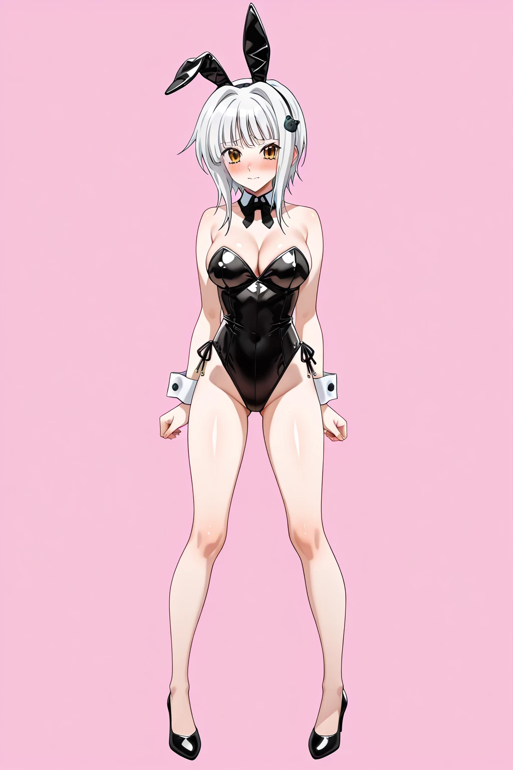 score_9, score_8_up, score_7_up, score_6_up, score_5_up, zPDXL2, max detail, 4k wallpaper, masterpiece, best quality, absurdres, highres, dynamic angle, dynamic pose, source_anime,
5 fingers, SweatyStyle, sweat, shiny, shiny skin, 
1girl, solo, pantyhose, animal ears, ahoge, short hair, rabbit ears, thighband pantyhose, playboy bunny, leotard, white hair, open mouth, breasts, fake animal ears, small breasts, hair over eyes, from below, choker, black leotard, bare shoulders, strapless, black choker, red background, covered navel, :o, strapless leotard, black pantyhose, cameltoe, hairband, bangs, cowboy shot, highleg, hands up, blush, covered eyes, brown pantyhose, bare arms
 <lora:SweatyStyle:1>