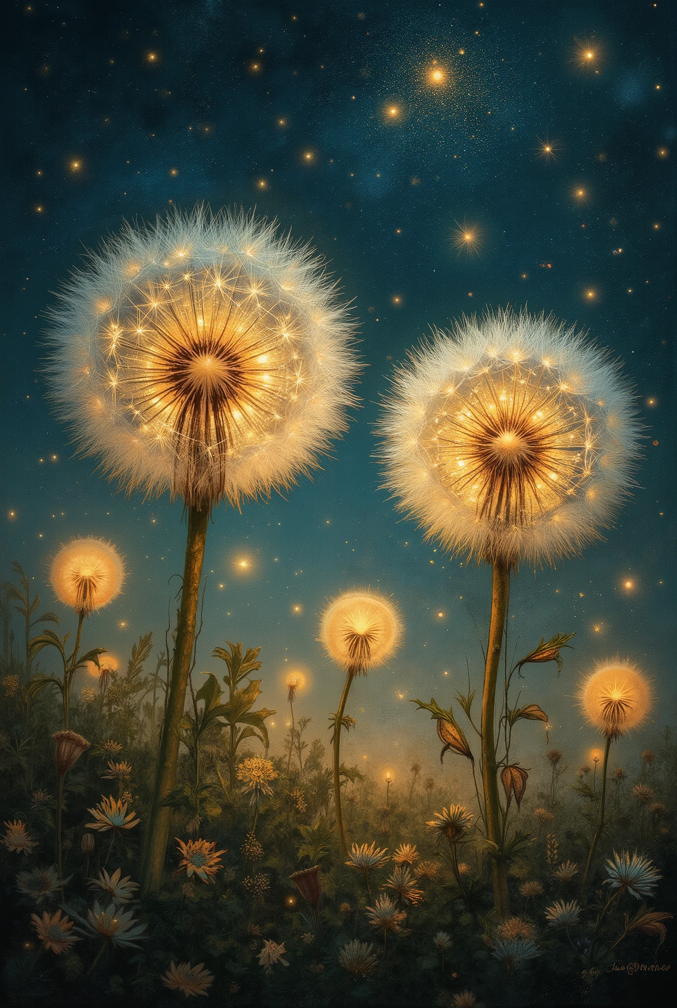 A detailed, fantastical painting of luminous dandelion clocks, glowing with golden light against a dark, starry night sky. The image evokes a sense of magic and wonder, showcasing intricate, translucent dandelion seed heads filled with sparkling light sources, detailed foliage, and misty, ethereal colors.
