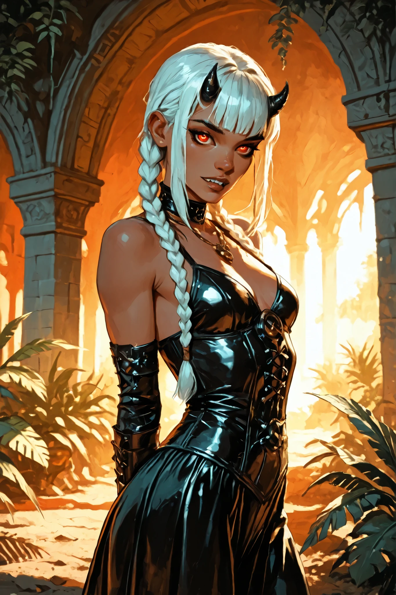 Drawn like the artist Bob Kehl. Phaedra from Fortnite with white and dark hair, deep red-coloured eyes, slanted big eyes, with sharp teeth, athletic body and abs. Slender and athletic. Cute, round and young face. White highlights in her hair. She wears Aztec black snake-leather dress with snakeskin-texture. She also wears an amber necklace. She has small . Atmospheric lighting. She looks like Wednesday Adams. Box-art. DnD-art-style, Looking at the viewer. Oil painting. Sepia filter. Less colour. Semi-realistic style. Background: medieval aztec ruin