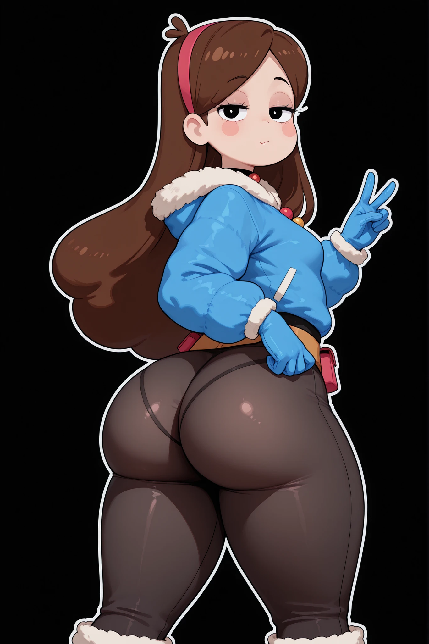 Mabel Pines, blush stickers, brown hair. black eyes. half-closed eyes, small breasts, huge hips. long eyelashes, choker. | score_9, score_8_up, 1girl, solo, looking at viewer, hires, detailed, black background, white outline, parody, cowboy shot, prominent eyelashes, (cellulite:0.8), fur-trimmed jacket, long sleeves, belt pouch, utility belt, blue gloves, winter clothes, parka, fur trim, fur boots, beads, black sheer pants, see-through pants, plump, big butt, fat thighs NOT body, looking back, cosplay, v, Cute expression, slim waist, tan skin