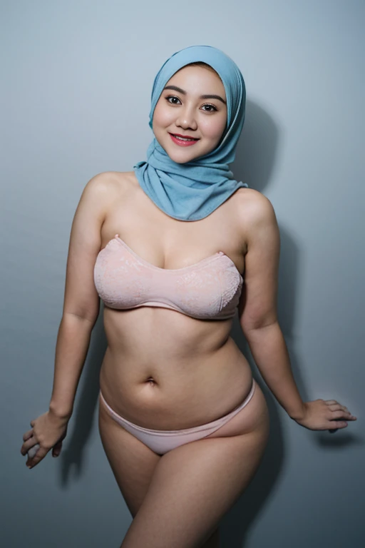Malay girl in hijab wearing  orange color satin bra and panties portrait photography, mid shot photo, ultra detail, professional photograph with professional lighting, smile, light blue studio background,  seducing pose, curvy