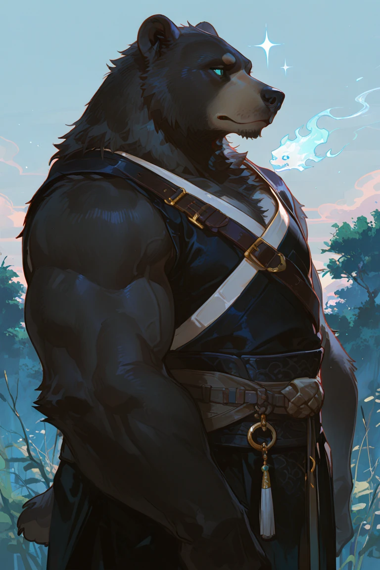 Correct ,Black Bear,personification,strong,uncle,Original costume,Loincloth,warrior,Standing guard,Standing in front of the audience,Looking at the audience,Holding a spear,Primitive tribal background(1.2)。