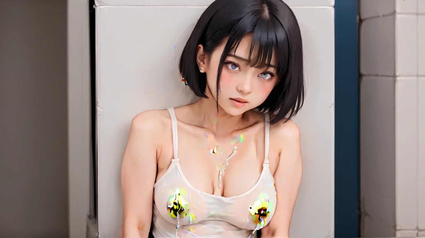 The beauty of 8K raw photos:2.0, short hair, great face and dark eyes, stare at the camera, lazy smile:1.6, standing model, dynamic pose,very big breasts、(((Completely naked)))、Competition pants、wear sneakers:1.4, realistic:1.9, 8k wallpaper that integrates high-definition CG, very detailed, High resolution raw color photos,  Photographed in a professional wrestling ring,  portrait of girl,(((oil all over the body)))、(((slimy body)))、(((exposing one's chest)))、(((exposing nipples)))、Hands are not reflected、