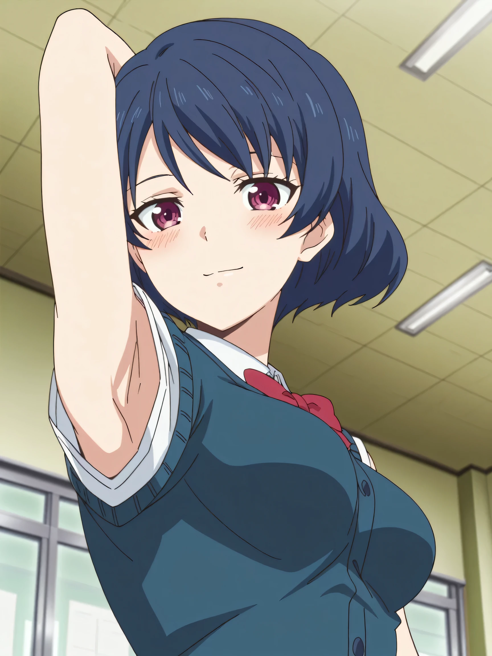 masterpiece, best quality, amazing quality, anime screencap, anime coloring, 1girl, solo, tachibana rui, short hair, blue hair, , choppy bangs, purple eyes, white shirt, collared shirt, red bowtie, blue vest, cardigan vest, untucked shirt, sleeveless, arms, arm behind head, armpit, armpit focus, head towards viewer, looking at viewer, light smile, blush, closed mouth, indoors, school, from side, from below