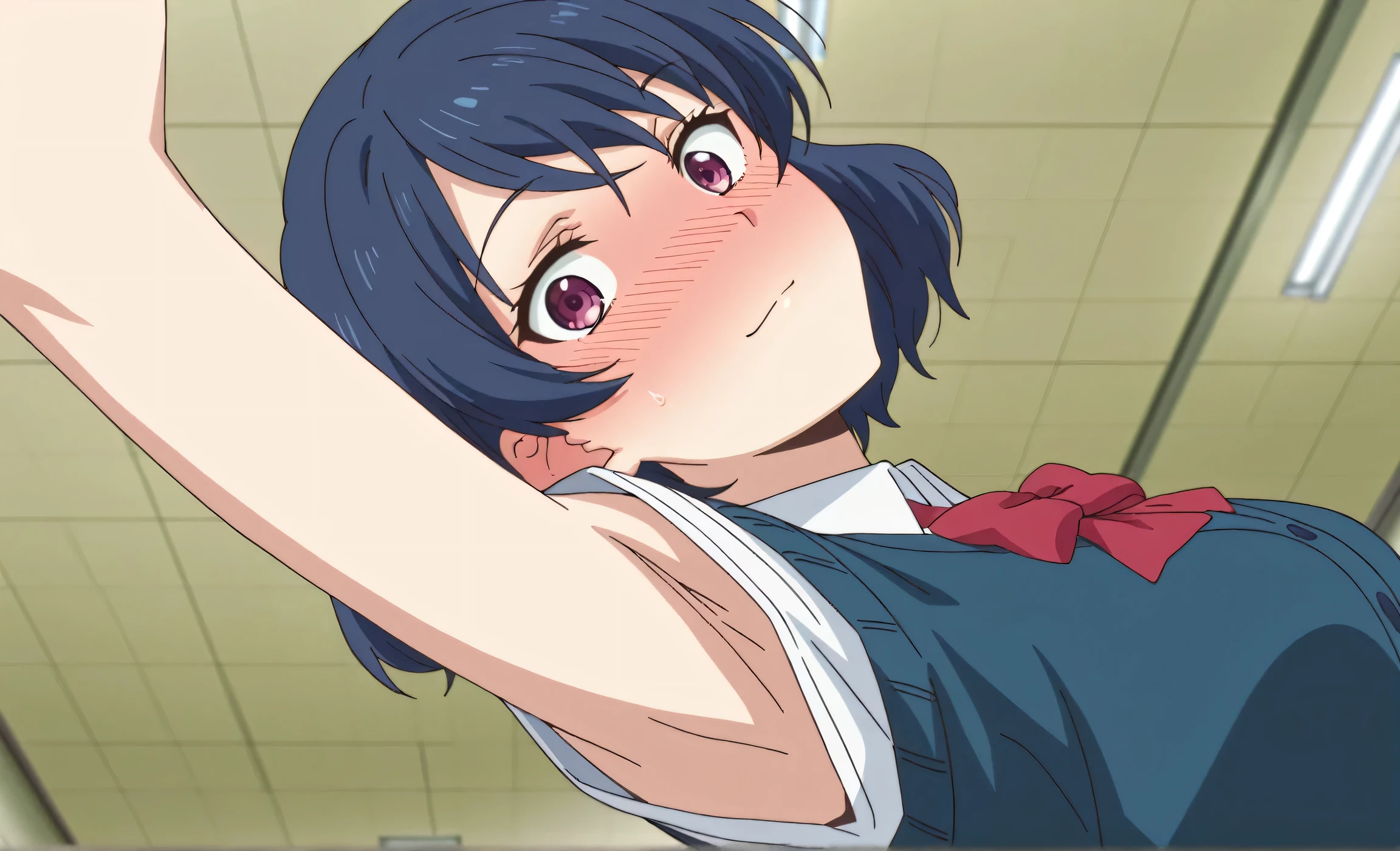 masterpiece, best quality, amazing quality, anime screencap, anime coloring, 1girl, solo, tachibana rui, short hair, blue hair, , choppy bangs, purple eyes, white shirt, collared shirt, red bowtie, blue vest, cardigan vest, untucked shirt, sleeveless, arms, arm up, raised arm, armpit, armpit focus, head towards viewer, looking at viewer, light smile, full face blush, surprised, embarrassed, closed mouth, indoors, school, from side, from below, armpit up close, close-up of armpit