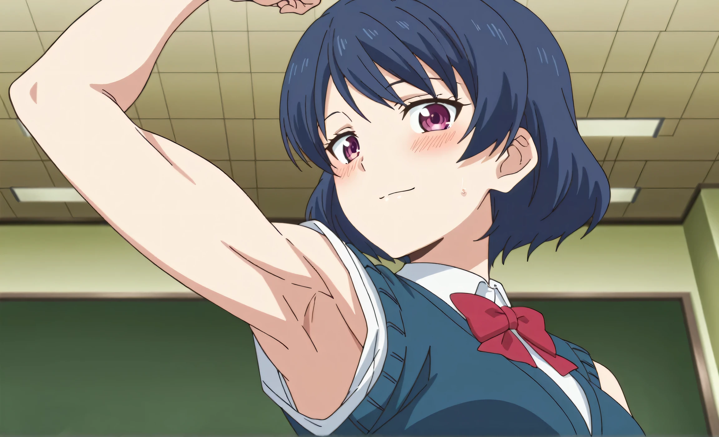 masterpiece, best quality, amazing quality, anime screencap, anime coloring, 1girl, solo, tachibana rui, short hair, blue hair, , choppy bangs, purple eyes, white shirt, collared shirt, red bowtie, blue vest, cardigan vest, untucked shirt, sleeveless,  arms, arm up, raised arm, armpit, armpit focus, head towards viewer, looking at viewer, light smile, blush, embarrassed, closed mouth, indoors, school, from side, from below, skinny, (flexing biceps:1.2)