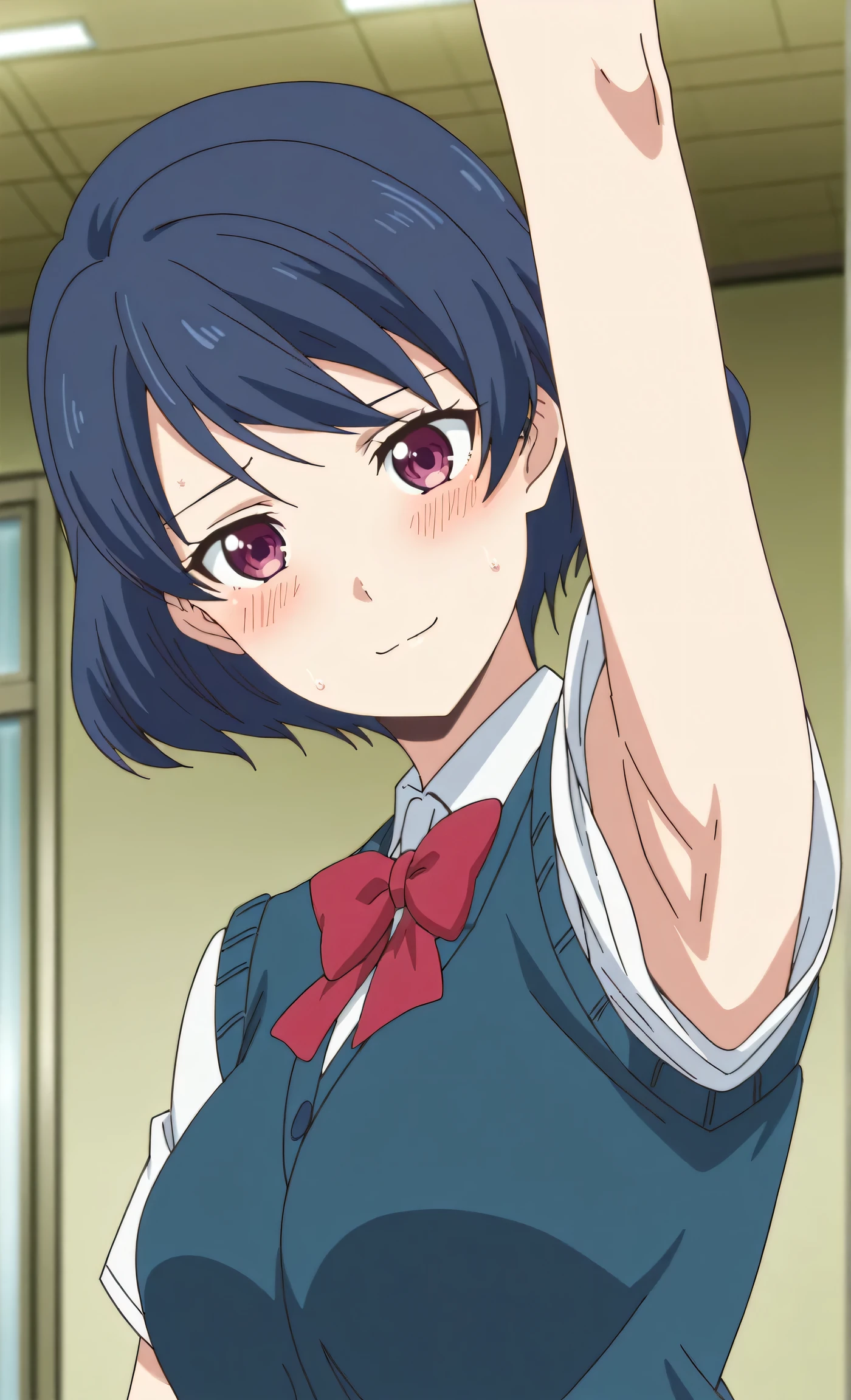 masterpiece, best quality, amazing quality, anime screencap, anime coloring, 1girl, solo, tachibana rui, short hair, blue hair, , choppy bangs, purple eyes, white shirt, collared shirt, red bowtie, blue vest, cardigan vest, untucked shirt, sleeveless, arms, arm up, raised arm, armpit, armpit focus, head towards viewer, looking at viewer, light smile, blush, embarrassed, closed mouth, indoors, school