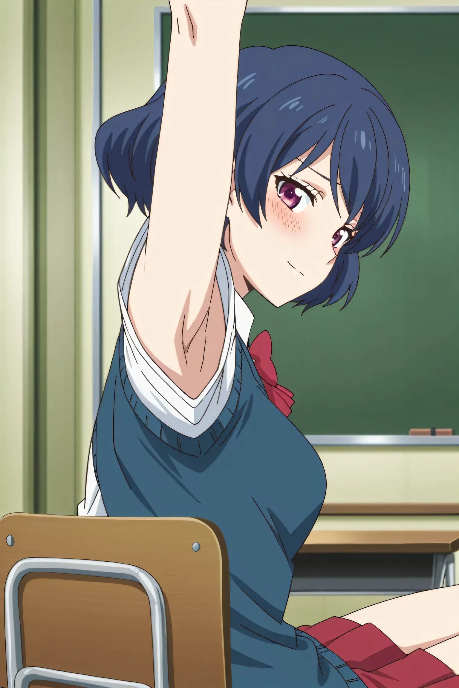 masterpiece, best quality, amazing quality, anime screencap, anime coloring, 1girl, solo, tachibana rui, short hair, blue hair, , choppy bangs, purple eyes, white shirt, collared shirt, red bowtie, blue vest, cardigan vest, untucked shirt, sleeveless, arms, arm up, raised arm, armpit, armpit focus, head towards viewer, looking at viewer, light smile, blush, embarrassed, closed mouth, indoors, school, from side, , sitting on a chair, red skirt, pleated skirt,