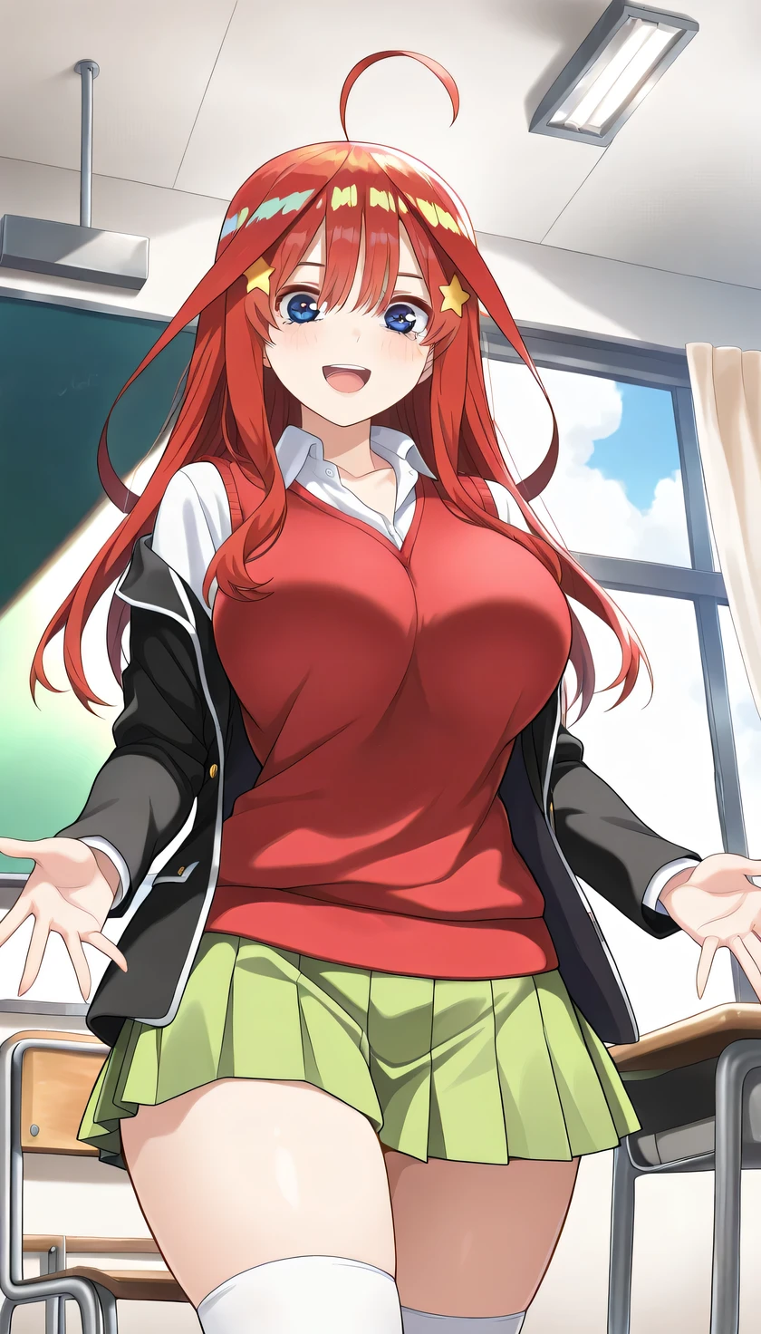 {{{masterpiece}}}, (best quality:1.5), (ultra-detailed:1.5), {illustration}, {{an extremely delicate and beautiful}}, (beautiful detailed eyes:1.6), absurdres, highres, extremely detailed face, 16k, hd, visual anime de uma jovem mulher, extremamente bonito rosto de anime, anime melhor garota, (perfect hands, perfect anatomy), (five fingers:1.1), anime face, itsuki nakano(Gotoubun no Hanayome), 1girl, solo, cute face, long hair, red hair, bangs, hair between eyes, ahoge, star \(symbol\), hair ornament, star hair ornament, sidelocks, black pupils, blue eyes, flushed cheeks, large breasts, thin waist, big hips, curvaceous, BREAK, {school uniform}, (black jacket:1.3), long sleeves, black sleeves, (open jacket:1.2), sleeveless sweater, (baggy sweater:1.2), (red sweater vest:1.5), collarbone, white shirt, collared shirt, pleated skirt, mini skirt, (green skirt:1.5), kneehighs, white socks, BREAK,1girl, cowboy shot, open mouth, kyoushitsu, classroom, indoors, school chair, school desk, chalkboard, window, ceiling light, curtains, smiling, peer in from below, looking at viewer, daytime, flushed cheeks