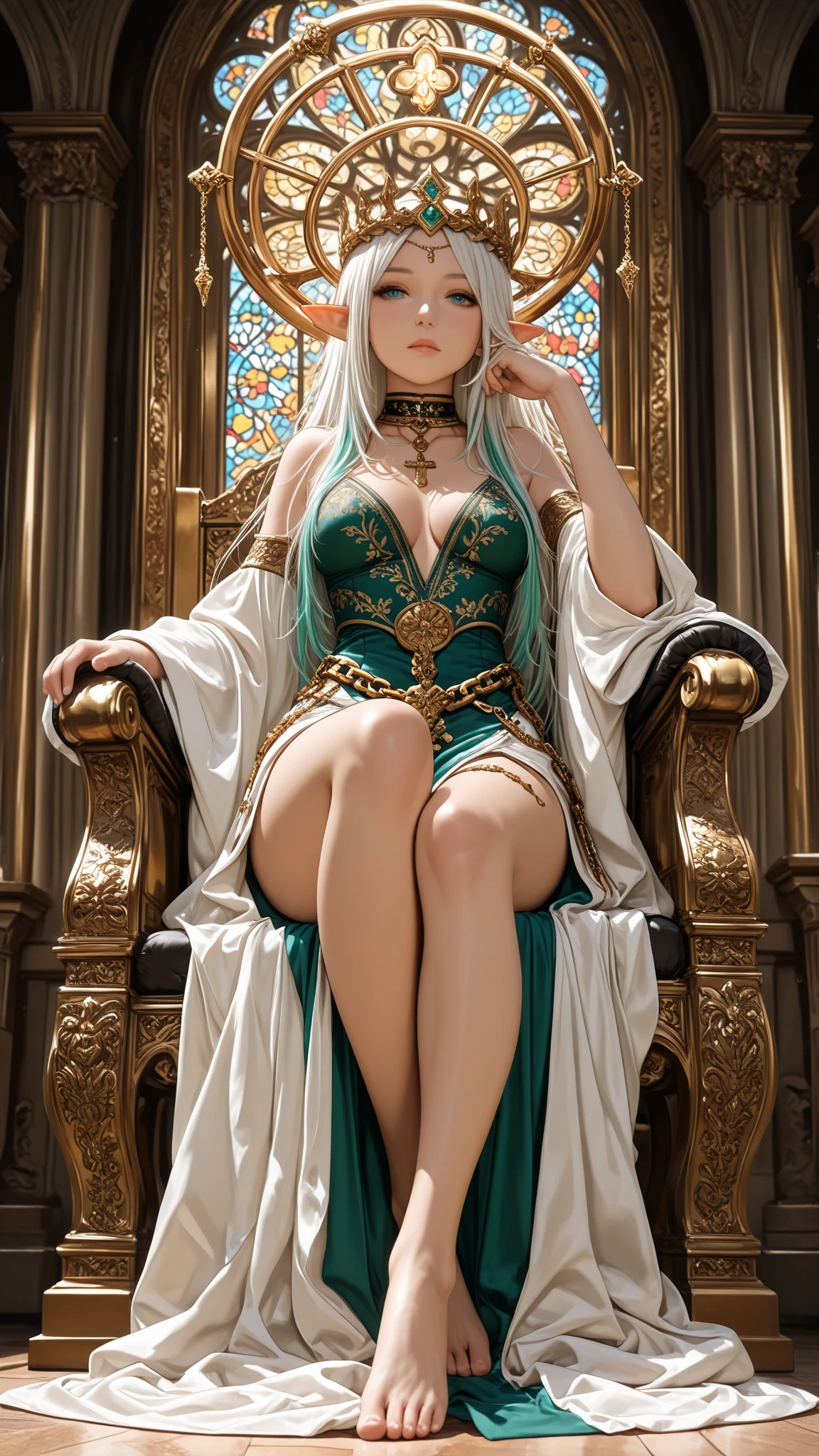 (concept art), masterpiece, best quality, photorealistic, 8k raw photo, a portrait half-body photograph by Tom Bagshaw, tarot card style, [:(detailed face:1.2):0.2], absurdres iris textures, facing viewer, cowboy shot, (photorealistic:1.5), perfect body, a beautiful girl pureerosface_v1, smiling, ankle high heels, wearing transparent black off_shoulder_bandage_dress with gold ornaments and crown, necklace, armband, navel ring, transparent heavy lace cloak made of swan feathers, big ?????, green eyes, long legs, long green hair, rim lighting, lying on bed inside a silky luxurious tent, treasure chests, hills, rainforest, blue sky, clouds, sun style-hamunaptra, DarkFantasy