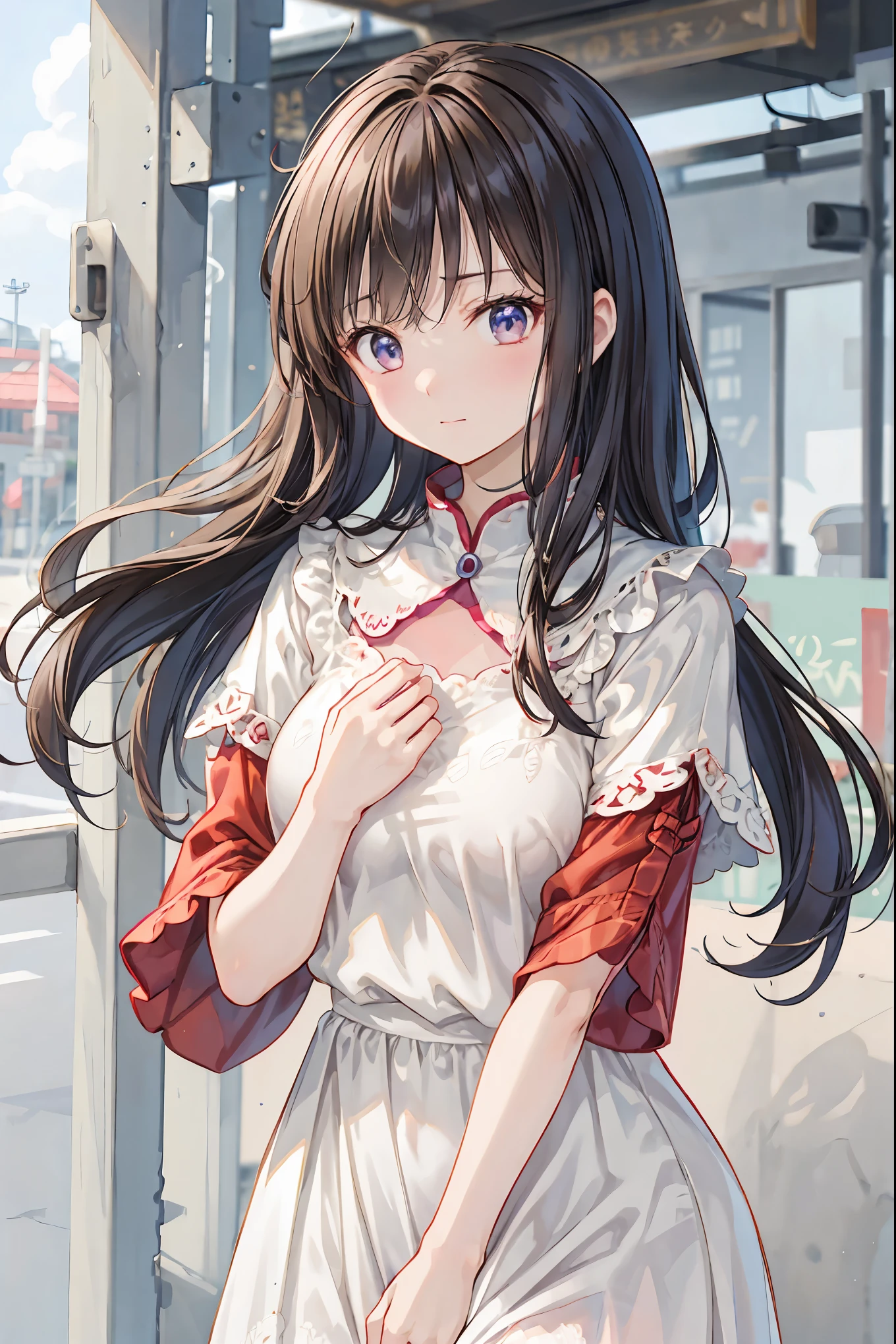 Her shoulder-length brown hair is tied up in a ponytail。Her gentle smile is characteristic、Casual dressed woman、(White background.Full Color.The eyes are clear、Are standing。27 talents）