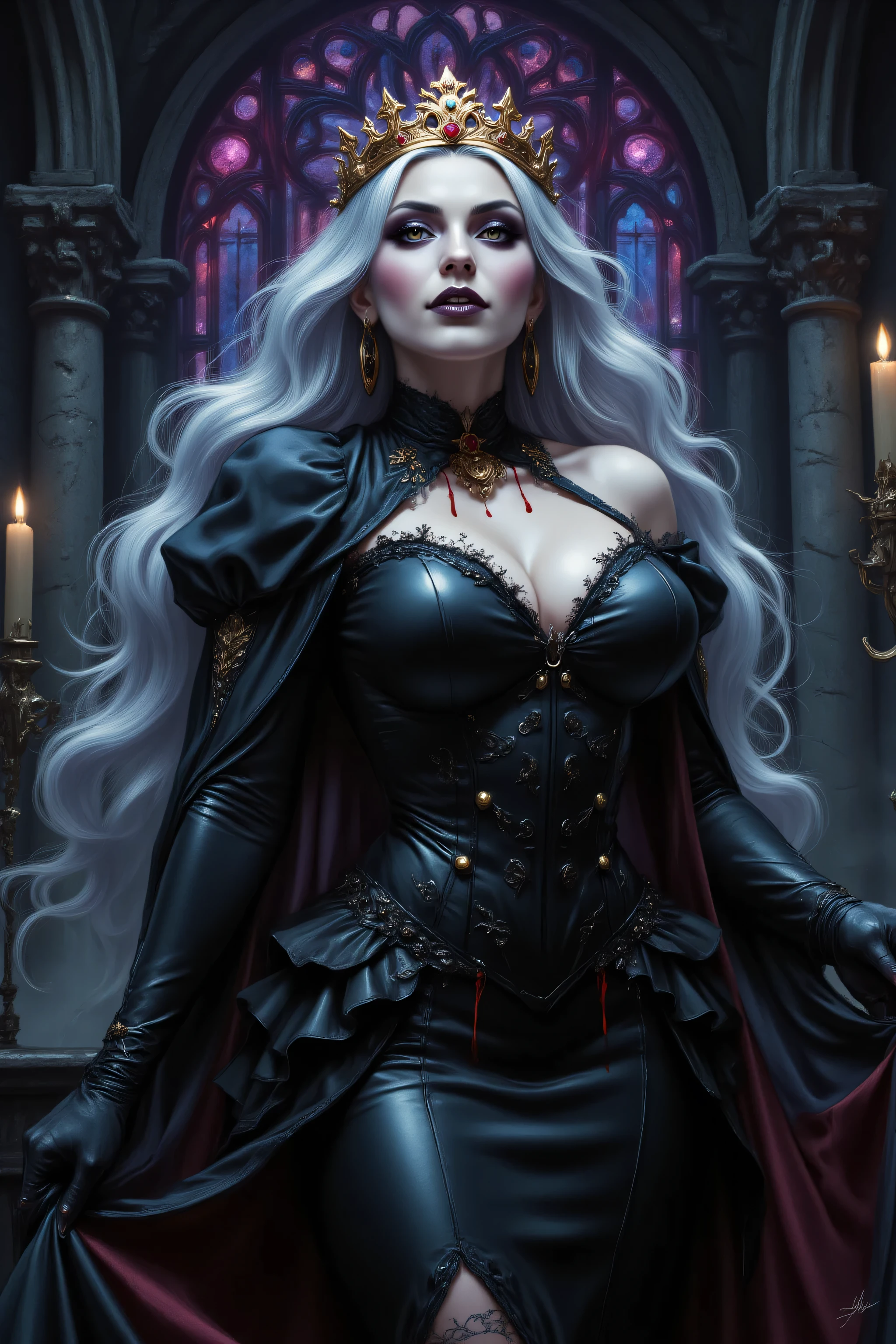 FntsyPstlCE style,midjourney ,an epic comic art painting, watercolor masterpiece art a vampire queen, a female vampire queen gold crown, wearing black  dress,blood on dress, high heels boots, pale white skin, best details beautiful face ,dynamic hair color, busty, small cleavage, long hair, silver hair, wavy hair, in a dark goth castle, dynamic lightning, vibrant, Ultra-high resolution, High Contrast, (masterpiece:1.5), highest quality, Best aesthetics), best details, best quality, highres, ultra wide angle, 16k, [ultra detailed], masterpiece, best quality, (extremely detailed),  Celestial Fantasy, zavy-ctcmcs, w1n, hyp3rd3tail style, Celestial Fantasy