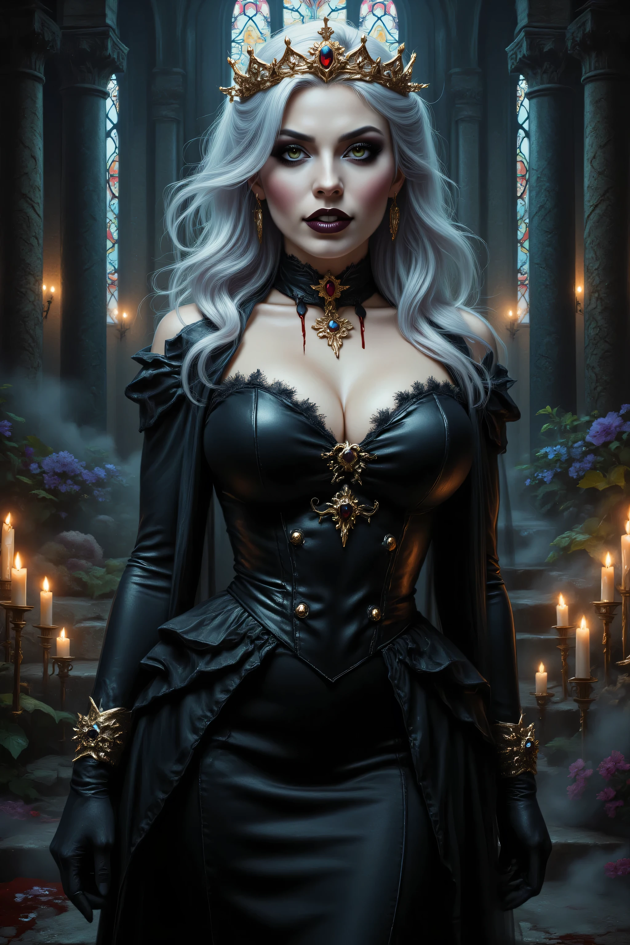 FntsyPstlCE style,midjourney ,an epic comic art painting, watercolor masterpiece art a vampire queen, a female vampire queen gold crown, wearing black sexy dress,blood on dress, high heels boots, pale white skin, best details beautiful face ,dynamic hair color, busty, small cleavage, long hair, silver hair, wavy hair, in a dark goth castle, dynamic lightning, vibrant, Ultra-high resolution, High Contrast, (masterpiece:1.5), highest quality, Best aesthetics), best details, best quality, highres, ultra wide angle, 16k, [ultra detailed], masterpiece, best quality, (extremely detailed),  Celestial Fantasy, zavy-ctcmcs, w1n, hyp3rd3tail style, Celestial Fantasy