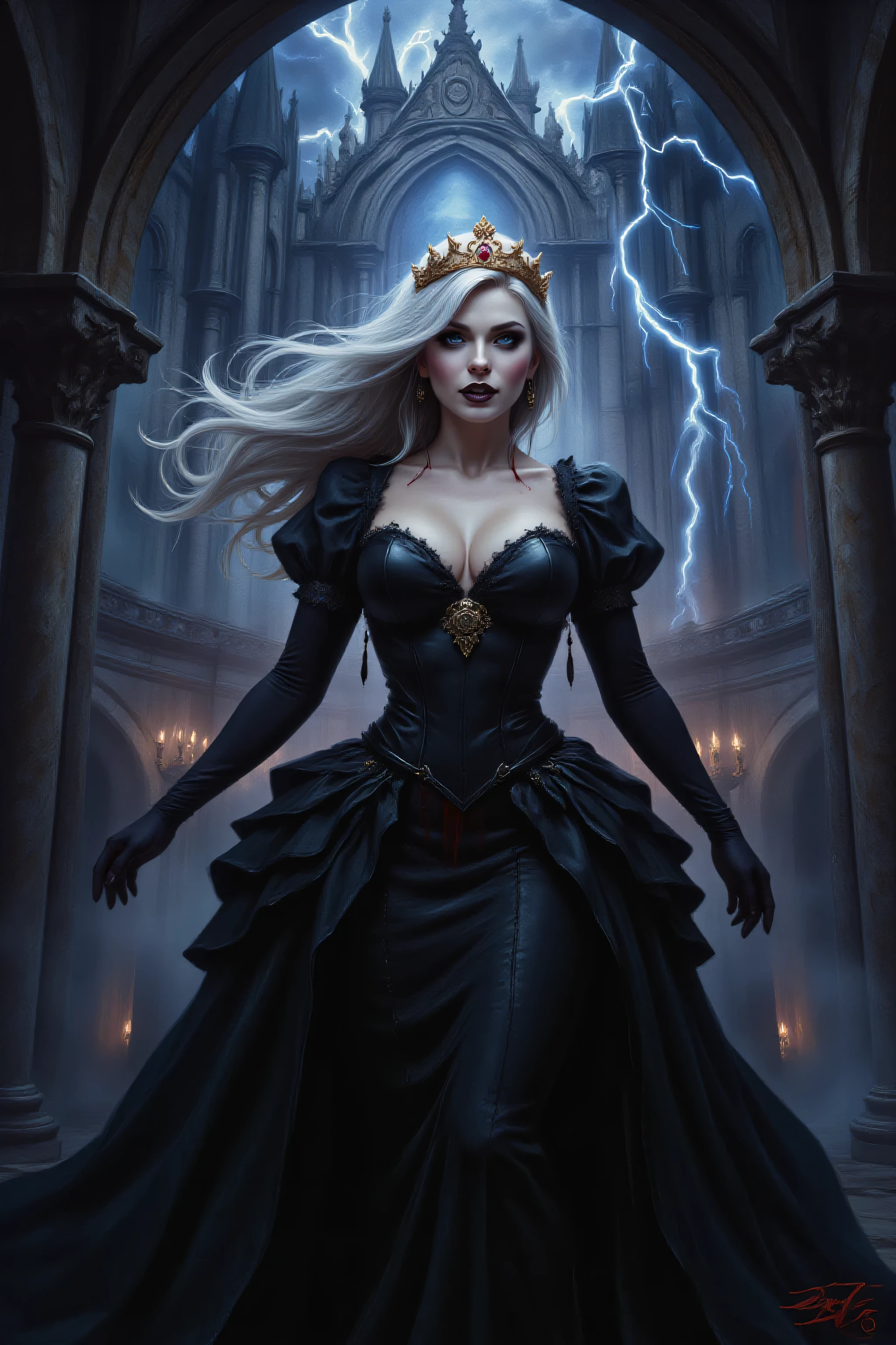 FntsyPstlCE style,midjourney ,an epic comic art painting, watercolor masterpiece art a vampire queen, a female vampire queen gold crown, wearing black  dress,blood on dress, white stockings, high heels boots, pale white skin, best details beautiful face ,dynamic hair color, busty, small cleavage, long hair, silver hair, wavy hair, in a dark goth castle, dynamic lightning, vibrant, Ultra-high resolution, High Contrast, (masterpiece:1.5), highest quality, Best aesthetics), best details, best quality, highres, ultra wide angle, 16k, [ultra detailed], masterpiece, best quality, (extremely detailed), 