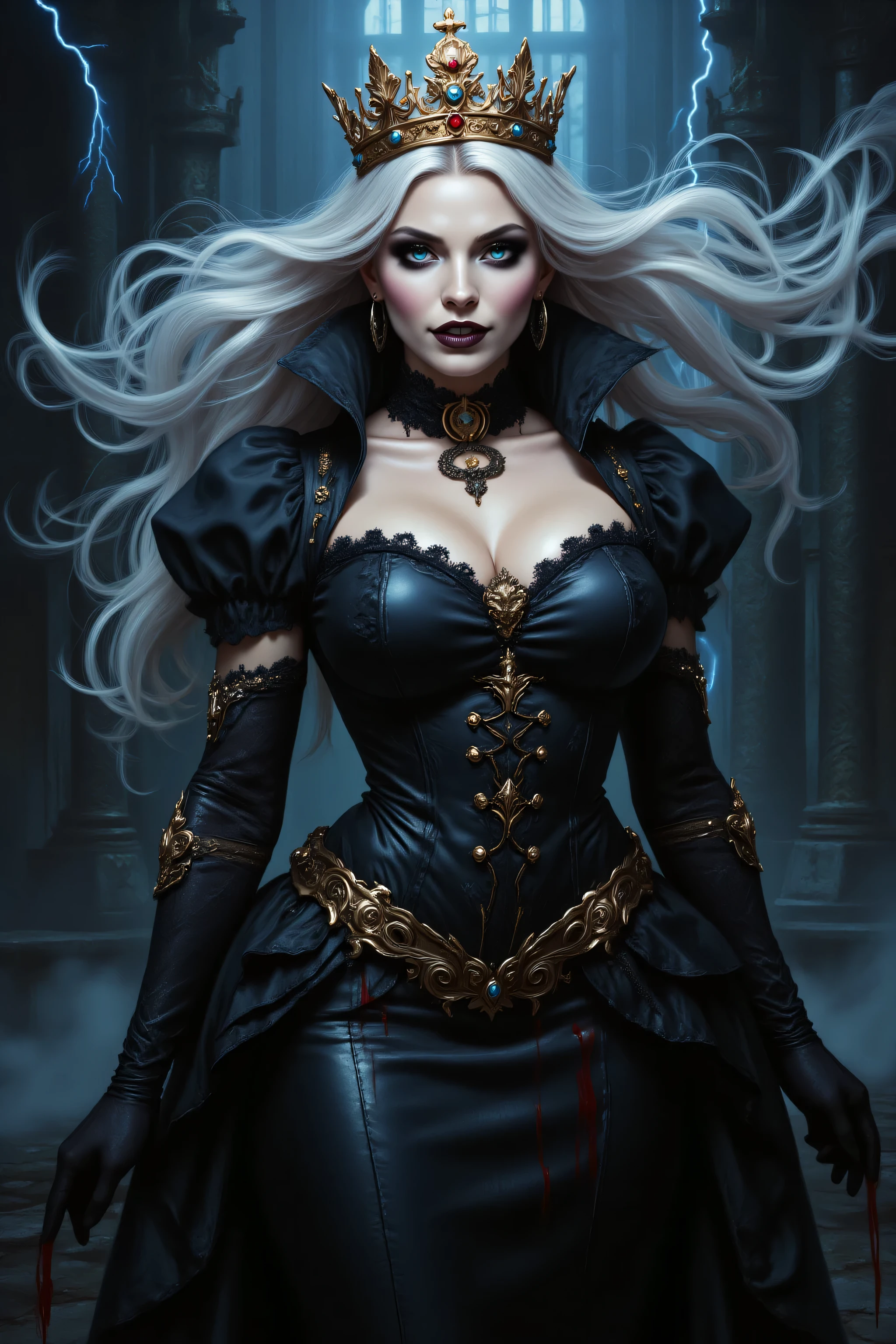 FntsyPstlCE style,midjourney ,an epic comic art painting, a vampire queen, a female vampire queen gold crown, wearing black goth dress, intricate dress, elegant dress, blood on dress, high heels boots, pale white skin, best details beautiful face ,dynamic hair color, busty, small cleavage, long hair, silver hair, wavy hair, in a dark goth castle, dynamic lightning, vibrant, Ultra-high resolution, High Contrast, (masterpiece:1.5), highest quality, Best aesthetics), best details, best quality, highres, ultra wide angle, 16k, [ultra detailed], masterpiece, best quality, (extremely detailed), 