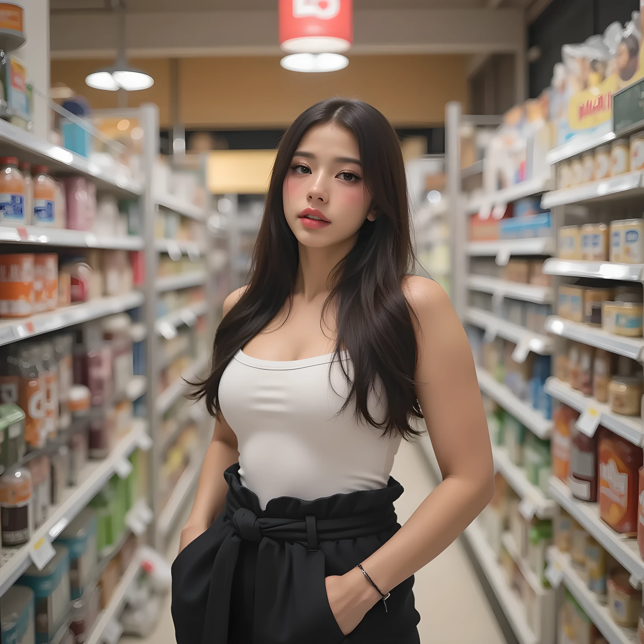 (masterpiece, best quality, ultra-detailed, photorealistic, 8k, natural lighting, DSLR photo, shallow depth of field, bokeh, realistic colors, candid photography style), a stunning young woman with an hourglass-shaped body, fair complexion, casual outfit, hands in pockets, doing groceries in a supermarket aisle, realistic proportions, elegant posture, natural candid expression, smooth skin, soft background blur, everyday realism, lifestyle photo