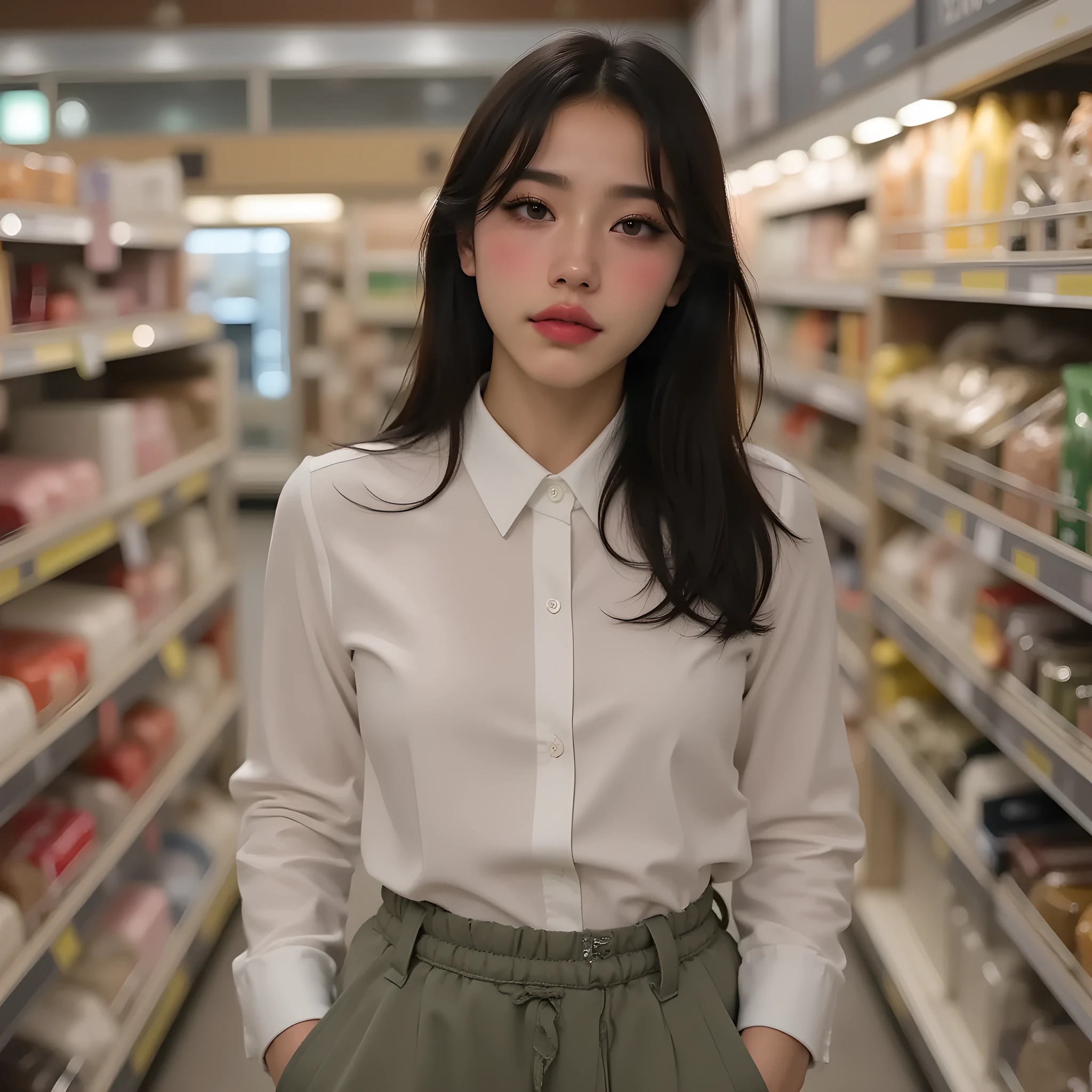 (masterpiece, best quality, ultra-detailed, photorealistic, 8k, natural lighting, DSLR photo, shallow depth of field, bokeh, realistic colors, candid photography style), a stunning young Korean woman in her early 20s, resembling Jang Wonyoung, with an hourglass-shaped body, fair complexion, casual outfit, hands in pockets, doing groceries in a supermarket aisle, realistic proportions, elegant posture, natural candid expression, smooth skin, soft background blur, everyday realism, lifestyle photo