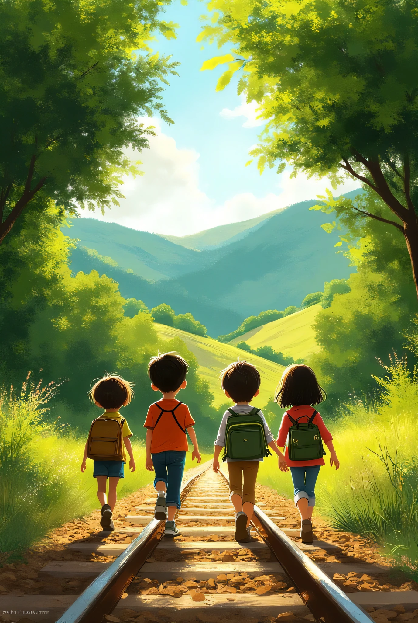 Four children  walk on the train tracks. Figure intere. Sfondo campestre, alberi