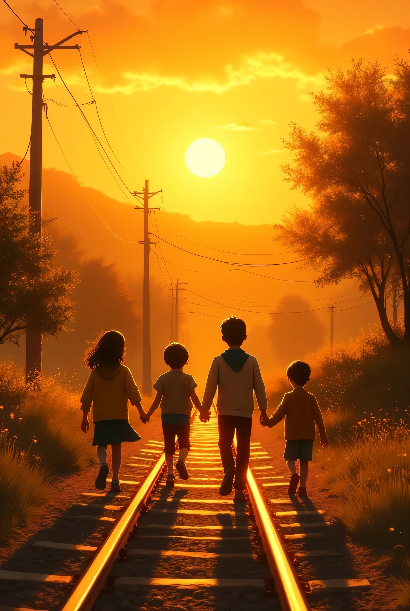 Foto al tramonto, controluce, nostalgia. Four children  walk on the train tracks. Figure intere. Sfondo campestre, alberi