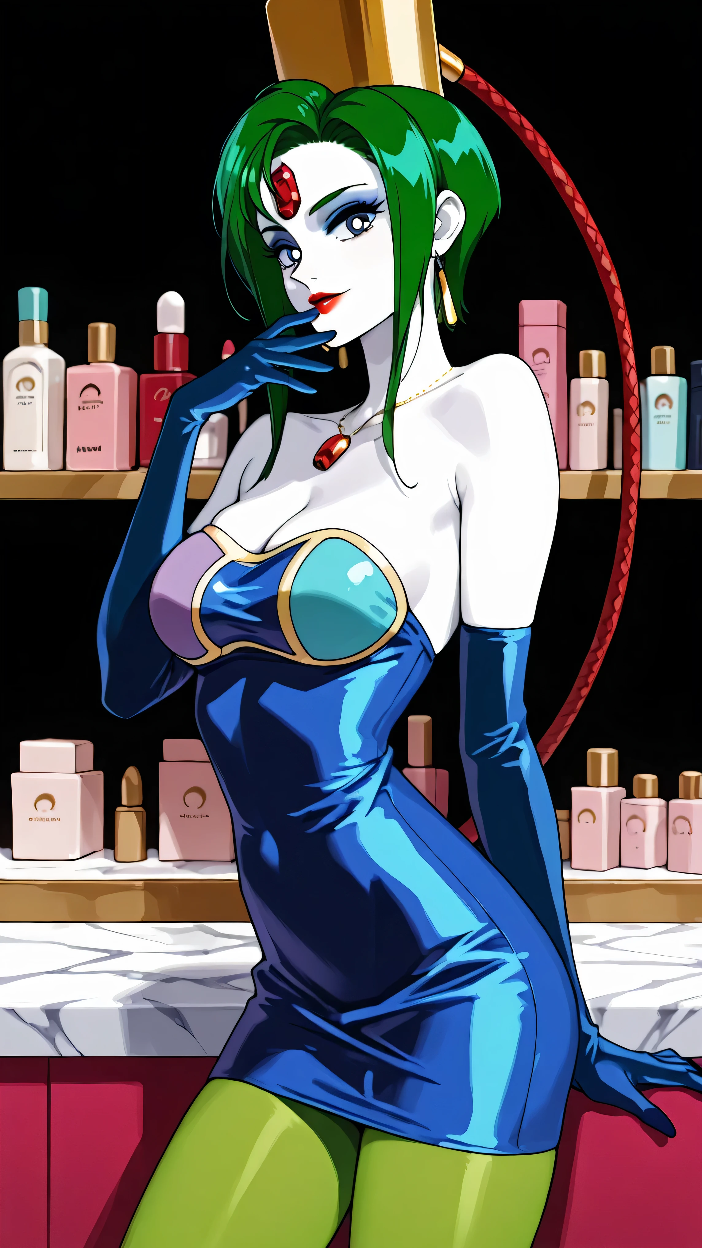 score_9,score_8_up ,score_7_up ,very pretty girl:5.0, masterpiece, high image quality, ,perfect face:5.0, very cute face, full nude :5.0, retro anime style,one girl, Slim, heavy makeup:9.0 , green hair, white skin:5.0 , Red jewel on forehead, glossy clear red lips, big blue eyes, Villain pose , Extremely Cruel Mockery, close your mouth and smile, closed mouth, Looking back broadly, 顔up, slightly larger breasts, 顔ドup, gold round pendant, Elongated gold earrings , red lips, Blue Bodycon Dress, Blue Extra Long Gloves, Gold Cap, solo, cosmetics store counter, green pantyhose, 帽子のRED HOSE, RED HOSE