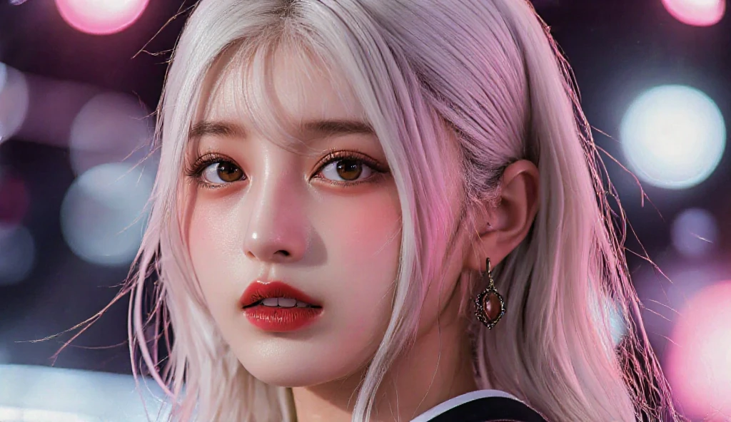 Close-up of a woman with long white hair wearing a black dress inspired by the jury, portrait exponent blackpink, portrait of Joshi by blackpink, kawaii realistic portrait, realistic anime 3d style, imvu, detailed white long hair, girl with white hair, exponential by blackpink, anime style. 8K, [4K Digital Art]!! Resembling a fairy