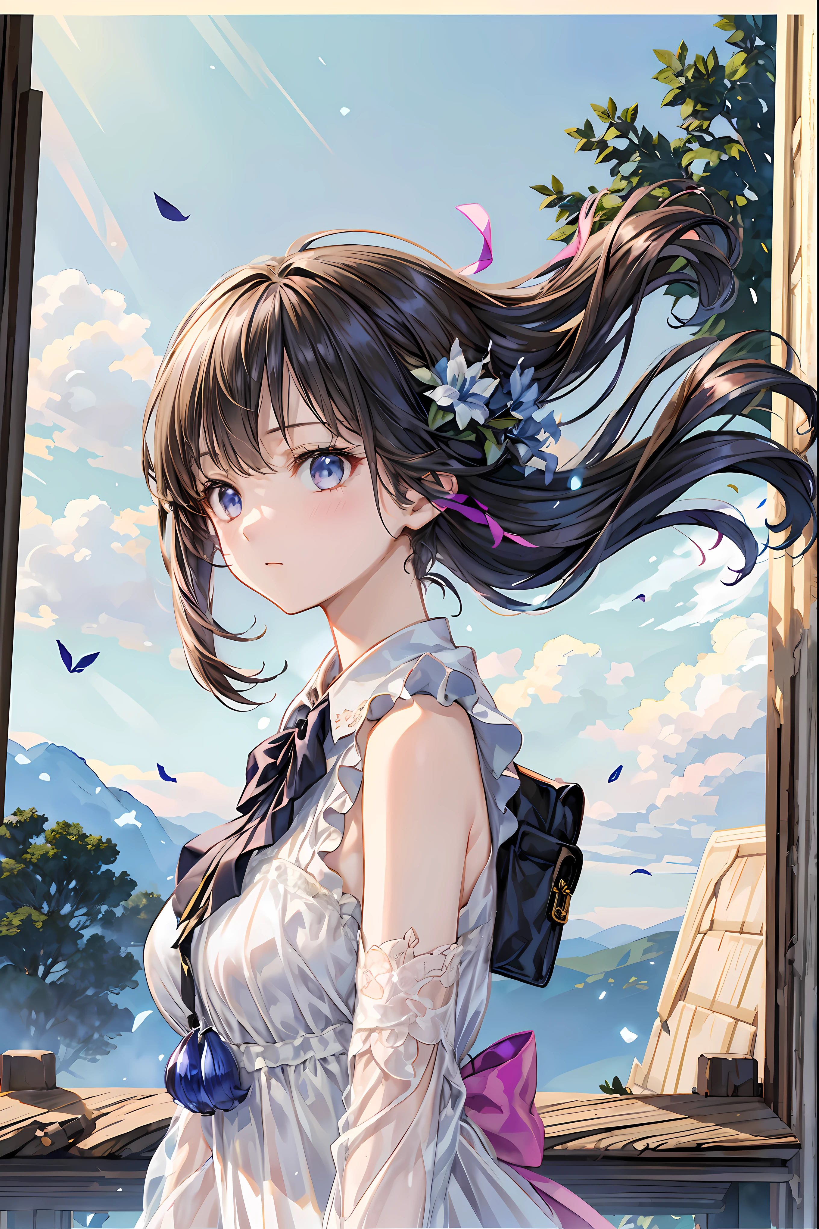 Girl、My hair flutters in a strong wind,Strong winds,Leaves fluttering,Illuminated by a Mysterious Summon、Moment where ordinary everyday life completely changes,I'm going to live here,High Quality 4K Realistic Depiction,Becomes the central character of the story due to special events,開いた扉から吹き込むStrong windsに照らされ、Awakening by a Spotlight,Blue Sky、 vast plains 、Dense forest、Rocky Mountain、Fantastic Light、Signs of Life。cinematic lighting、ultra high definition、Three-dimensional lighting、masterpiece、sharp focus、dynamic pose、8K、intricate details、A magnificent composition、vivid colors、Amazing Visual Effects、movie、Dramatic Atmosphere