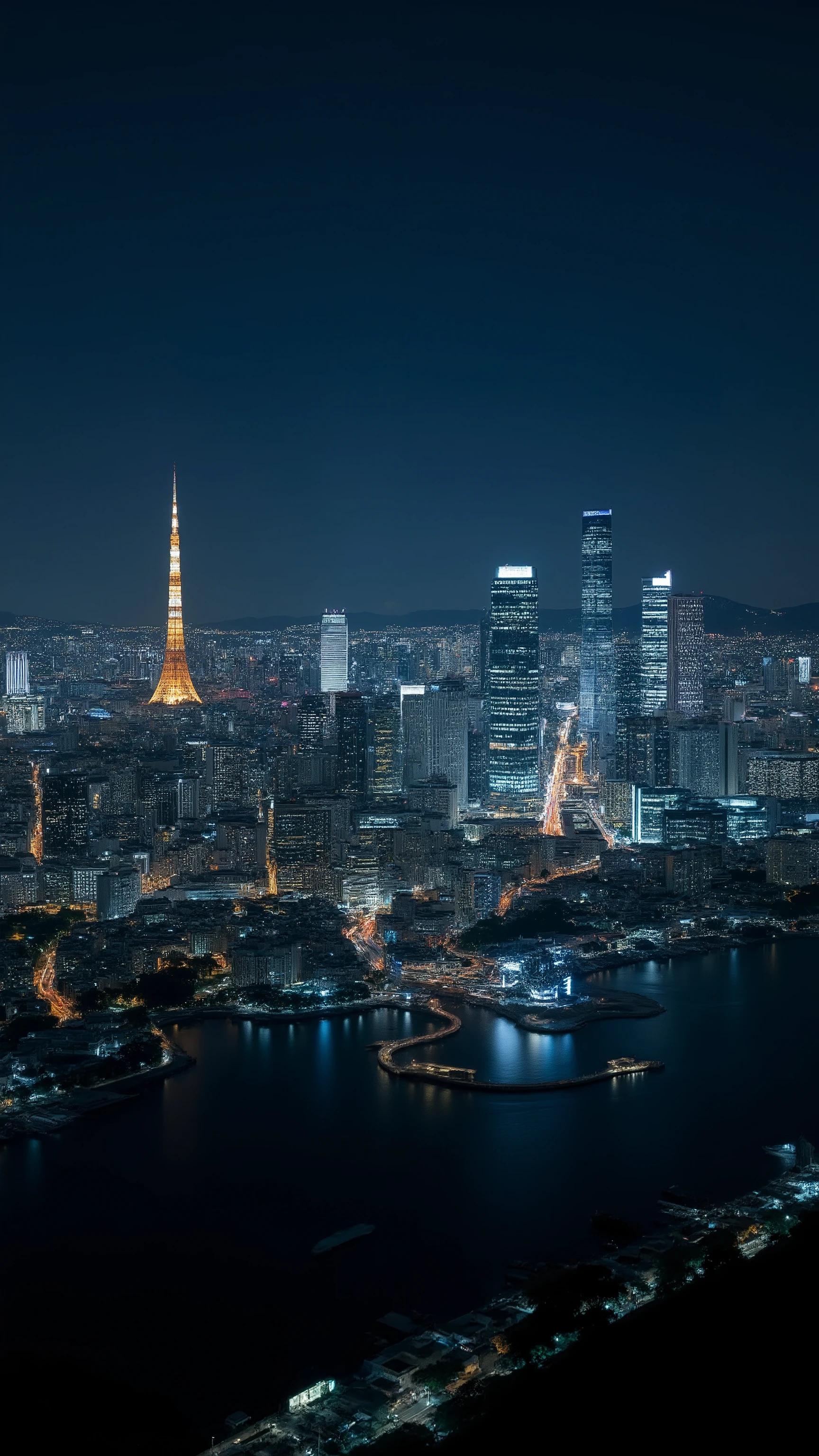 high-definition footage looks up、Night View of Tokyo、Overlooking the plain from 1000 meters above Odaiba by helicopter、The spectacular Kanto Plain with Tokyo Tower, Skytree, tower condominiums, and many tall buildings where the City of Light continues forever、The light looks like a flood