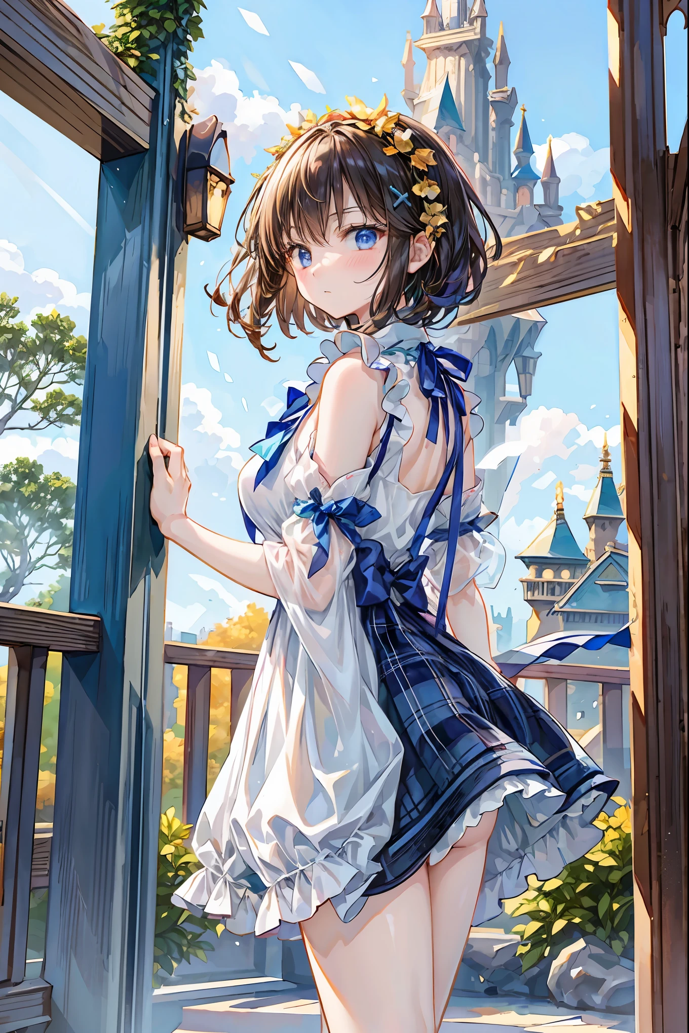 Girl、My hair flutters in a strong wind,Strong winds,Leaves fluttering,Illuminated by a Mysterious Summon、Moment where ordinary everyday life completely changes,High Quality 4K Realistic Depiction,Becomes the central character of the story due to special events,Tokyo Disneyland,Tokyo Disneylandの活気に満ちた魔法のような雰囲気の中を歩く, casual clothes、cute clothes、Cinderella Castle can be seen in the background, warm sunshine、The vibrant and cheerful atmosphere of Disneyland,Families and couples pass by,開いた扉から吹き込むStrong windsに照らされ、Awakening by a Spotlight,Blue Sky、 vast plains 、Dense forest、Rocky Mountain、Fantastic Light、Signs of Life。cinematic lighting、ultra high definition、Three-dimensional lighting、masterpiece、sharp focus、dynamic pose、8K、intricate details、A magnificent composition、vivid colors、Amazing Visual Effects、movie、Dramatic Atmosphere