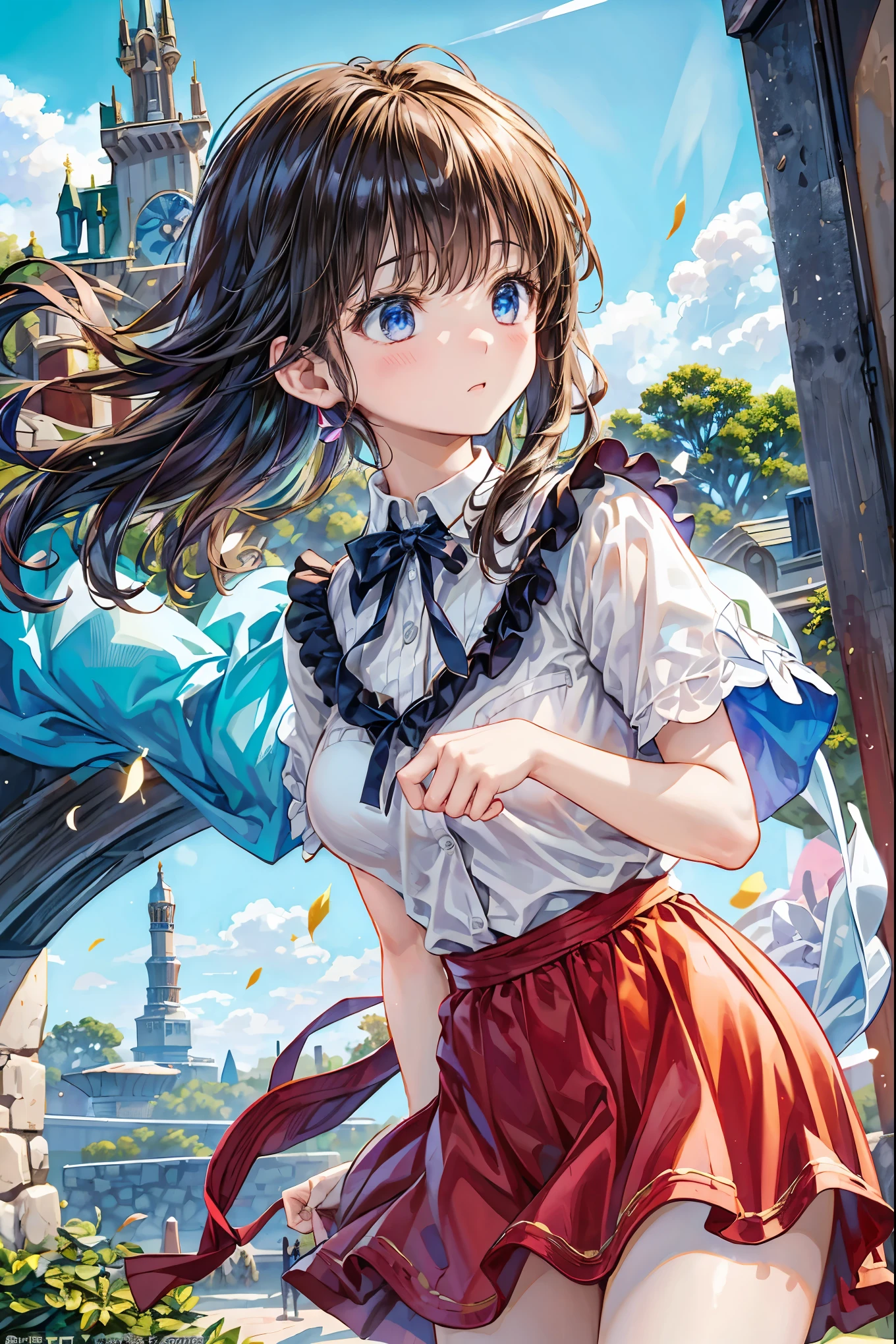 Girl、My hair flutters in a strong wind,Strong winds,Leaves fluttering,Illuminated by a Mysterious Summon、Moment where ordinary everyday life completely changes,High Quality 4K Realistic Depiction,Becomes the central character of the story due to special events,Tokyo Disneyland,Tokyo Disneylandの活気に満ちた魔法のような雰囲気の中を歩く, casual clothes、cute clothes、Cinderella Castle can be seen in the background, warm sunshine、The vibrant and cheerful atmosphere of Disneyland,Families and couples pass by,開いた扉から吹き込むStrong windsに照らされ、Awakening by a Spotlight,Blue Sky、 vast plains 、Dense forest、Rocky Mountain、Fantastic Light、Signs of Life。cinematic lighting、ultra high definition、Three-dimensional lighting、masterpiece、sharp focus、dynamic pose、8K、intricate details、A magnificent composition、vivid colors、Amazing Visual Effects、movie、Dramatic Atmosphere