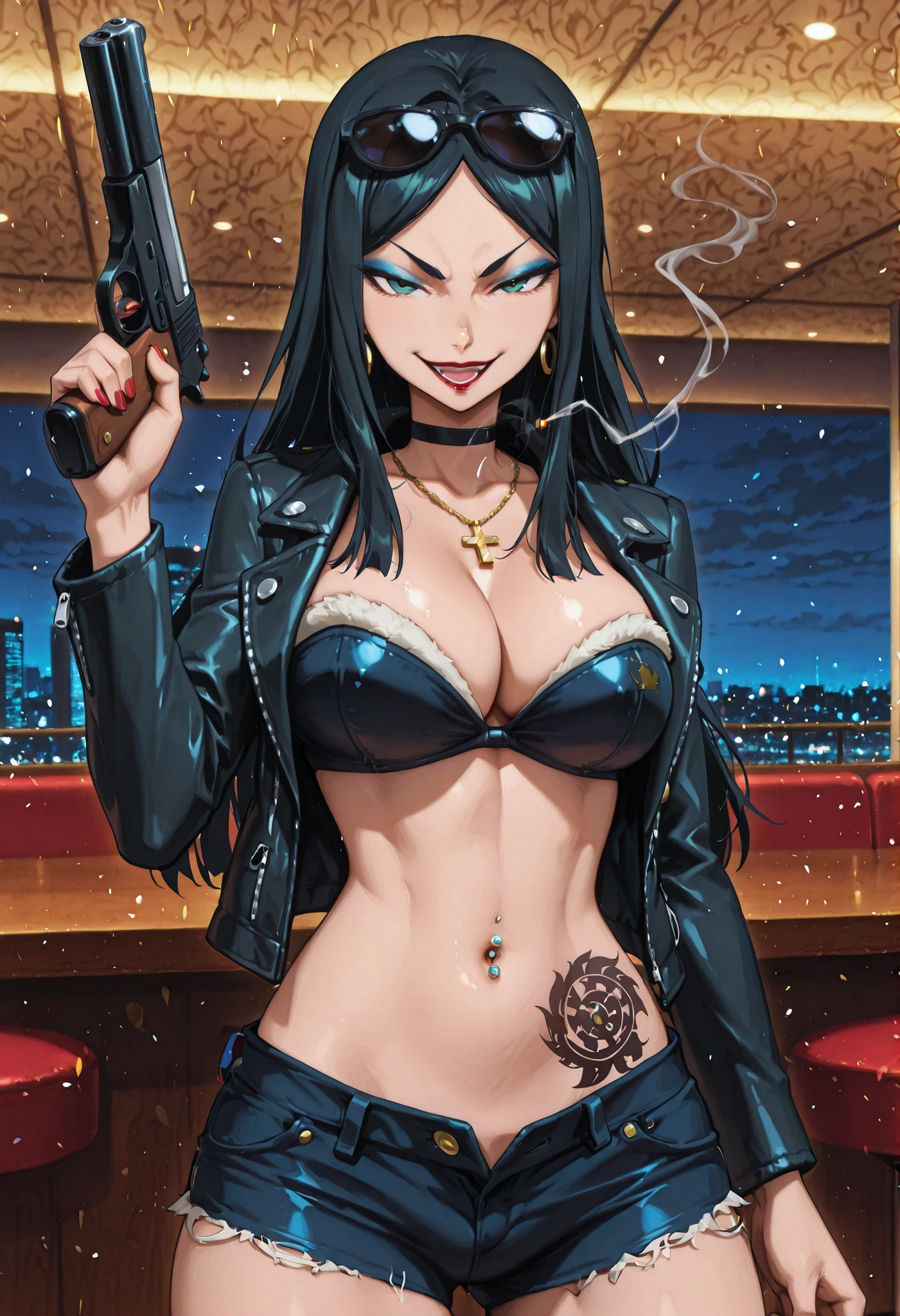 m1n1eb,1girl,solo,black hair,long hair,,blue eyeshadow,dark green eyes,lipstick,
nail polish , , makeup , ear piercing , long hair , lipstick , Hot girl , baddie , smoking , sensual , attractive , choker , cross necklace ,bar background, inside bar, indoors, cityscape, casino, nightclub, city lights,, masterpiece , best quality , highly detailed , a girls with a gun , evil smile , open mouth , gaze , badass pose , evil smile , smile , () , guns blazing , anime girl with long hair , beautiful long haired girl , navel , evil expression , exposed belly , exposed navel , exposed midriff , exposed lower belly , , cleavage , unbuttoned shorts , open fly , shorts , short shorts ,, leather jacket , holding a gun , holding pistol , unbuttoned shirt , collared shirt , knot , pull_down shorts , black short shorts , (show off panties , :1 . 2 , no panties) , zip up leather jacket , top ,,, navel piercing, sunglasses on head,,, shoulder holster, medium , waist dragon tattoo, narrowed eyes, tattoo waist, , anime screencap , anime coloring, looking at viewer , v-shaped eyebrows,