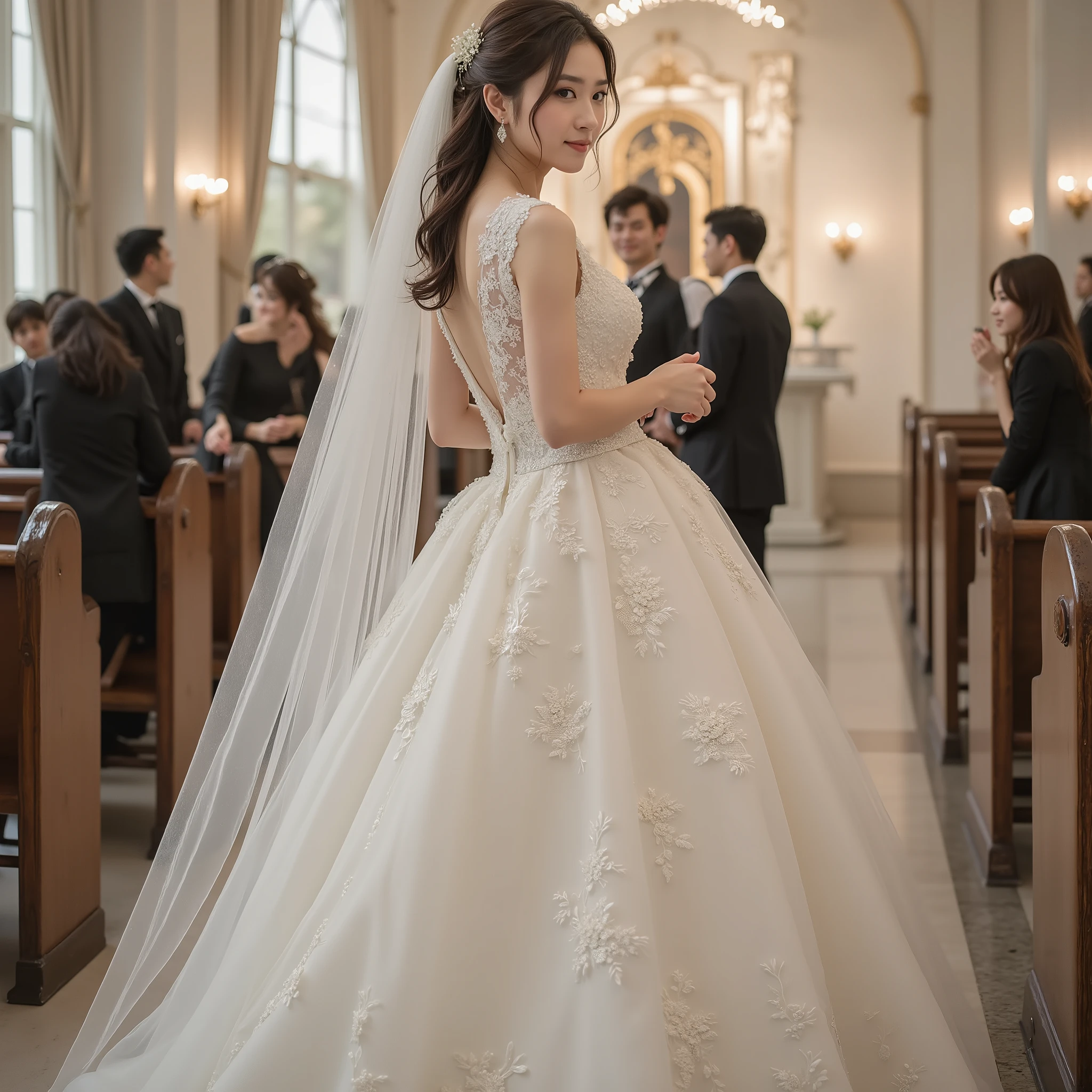 Nostalgia Day, (Super Detailed:1.10), (Ultra Realistic Full Body Portrait Photo:1.15), (Super Detailed and clear focus :1.10), (At the center of the image is a woman :1.5), (At a wedding, She's Staring At Me, Smile Yan, and Throw Kisses with Full Body Shots:1.5), (Studio Lighting to Illuminate Your Body:1.10), BREAK,
(silk wedding dress for wedding day at church, top dress, Trendy Wedding Dress, BREAK,
(Super Detailed beautiful Japanese female idol:1.10), (Super Detailed beautiful slender and glamor:1.9), (perfect anatomy:1.15), (Cute Smile Yan:1.3), (Super Detailed big eyes, double eyelids), BREAK, No Wedding Veil, no hair ornament,
((Super Detailed upturned beautiful breasts, Deep Creamy Beige F Cup Breasts:1.5)), deep v-neck, ((the best skin and perfect costume:1.8), BREAK,
(Super Detailed finely textured shiny oily skin:1.5), (shiny skin), (( wavy curly hair , Symmetrical bangs, Super Detailed美しく輝く髪:1.5)), (light brown hair), BREAK,
(Full body photo:1.5), dynamic angle, Group of 4 tall high school students wearing black leather designer bags, BREAK,